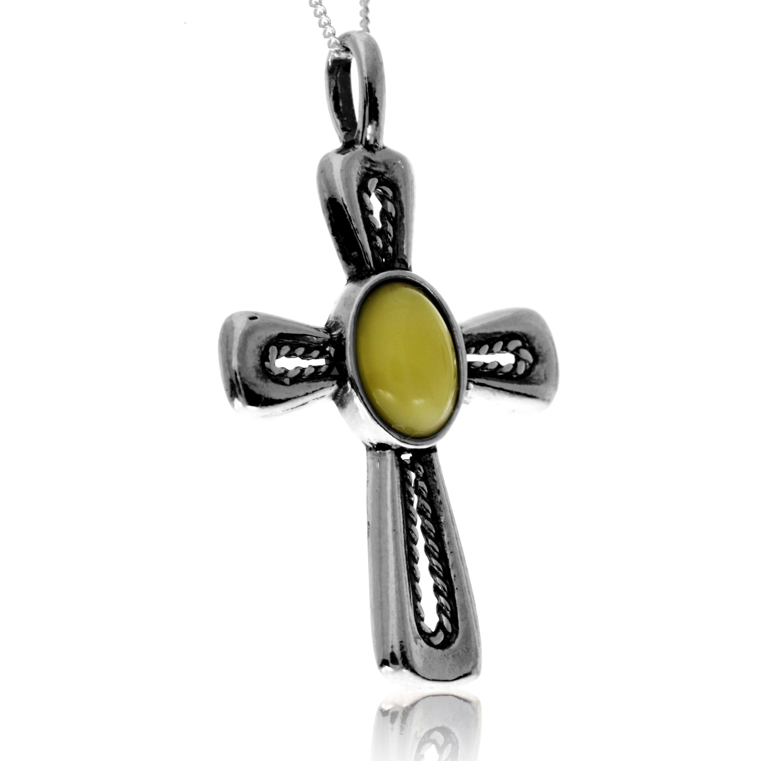 925 Steling Silver & Genuine Baltic Amber Celtic Cross Pendant - GL2051