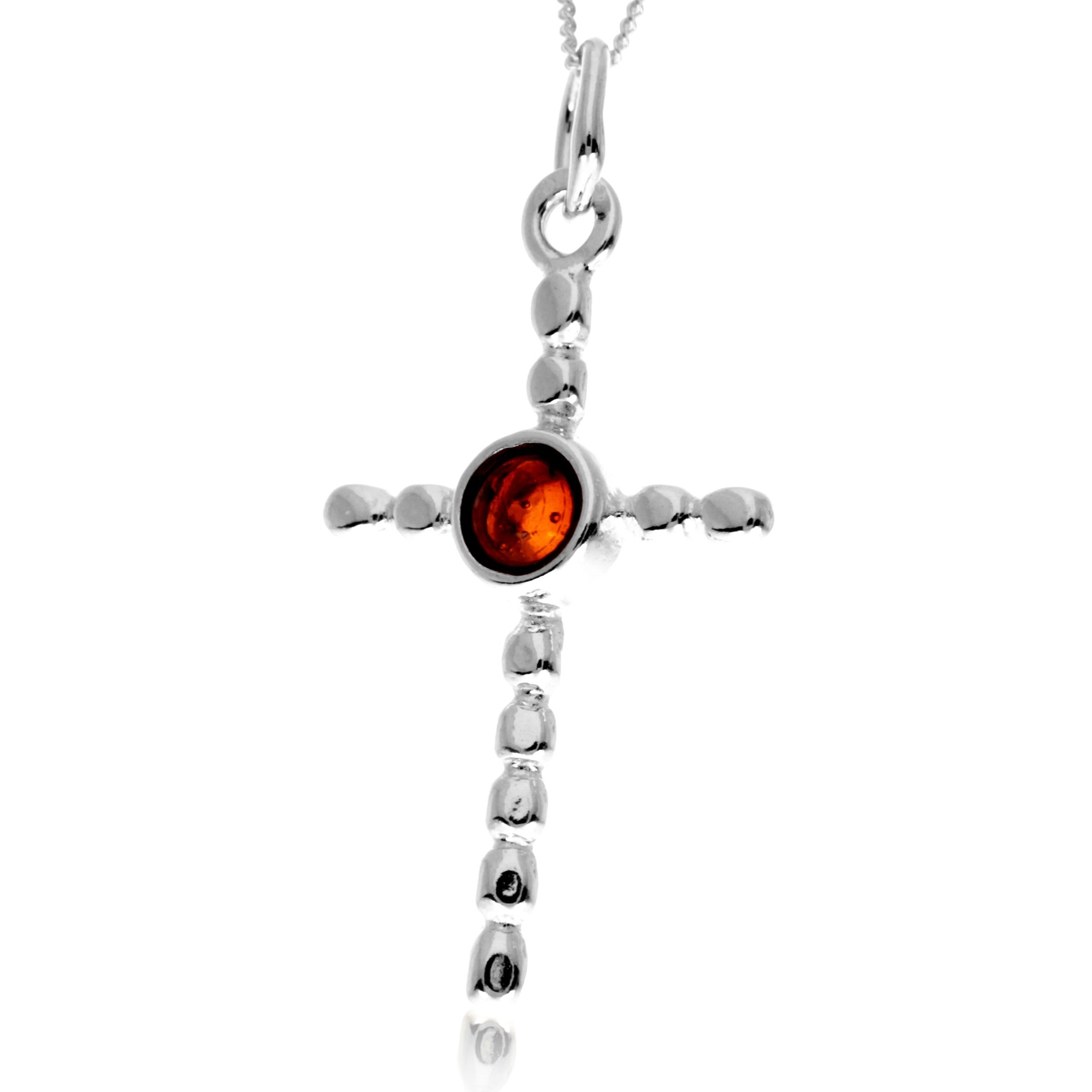 925 Steling Silver & Genuine Baltic Amber Modern Cross Pendant - GL2053