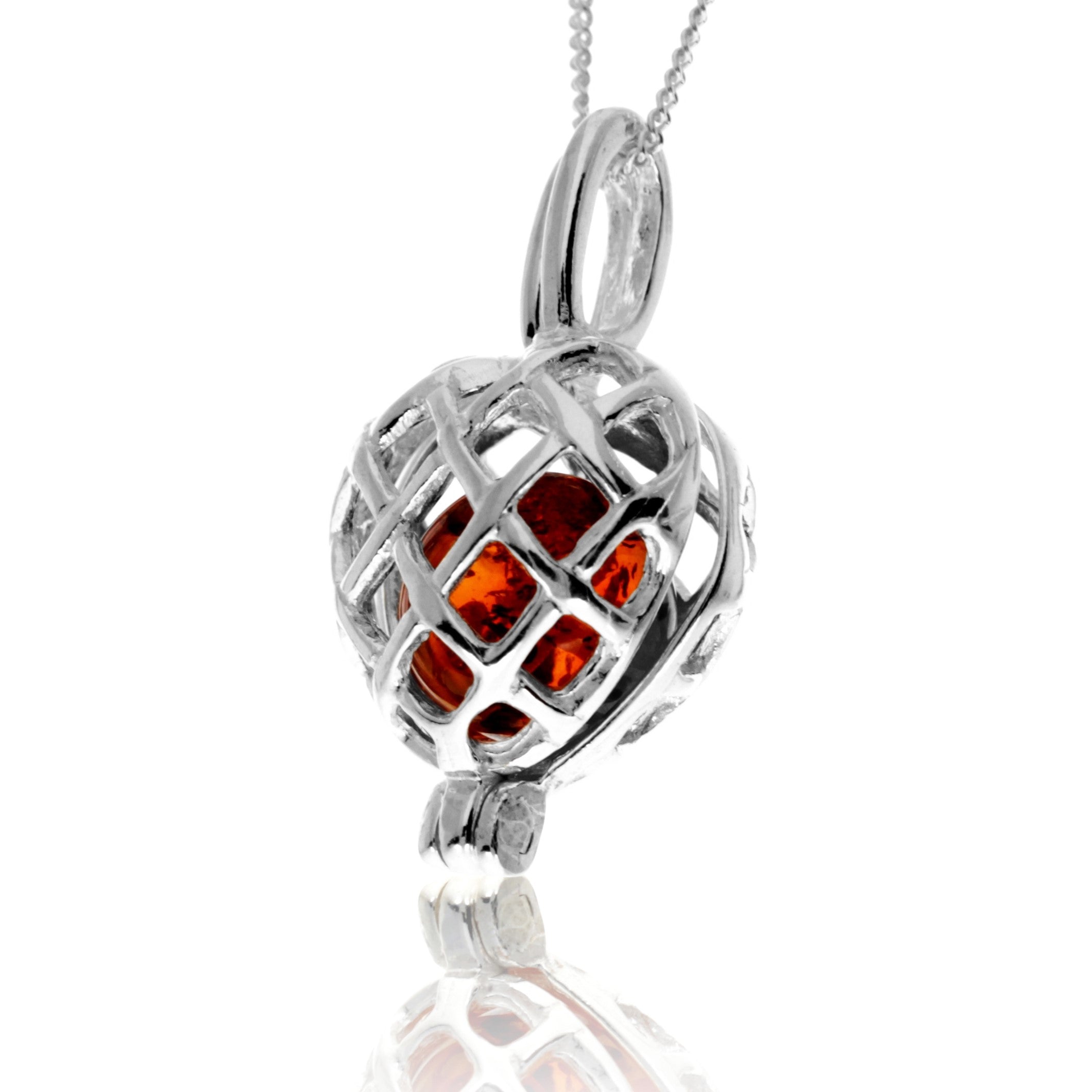 925 Steling Silver & Genuine Baltic Amber Locked in the Heart Amber Ball Pendant - GL2055