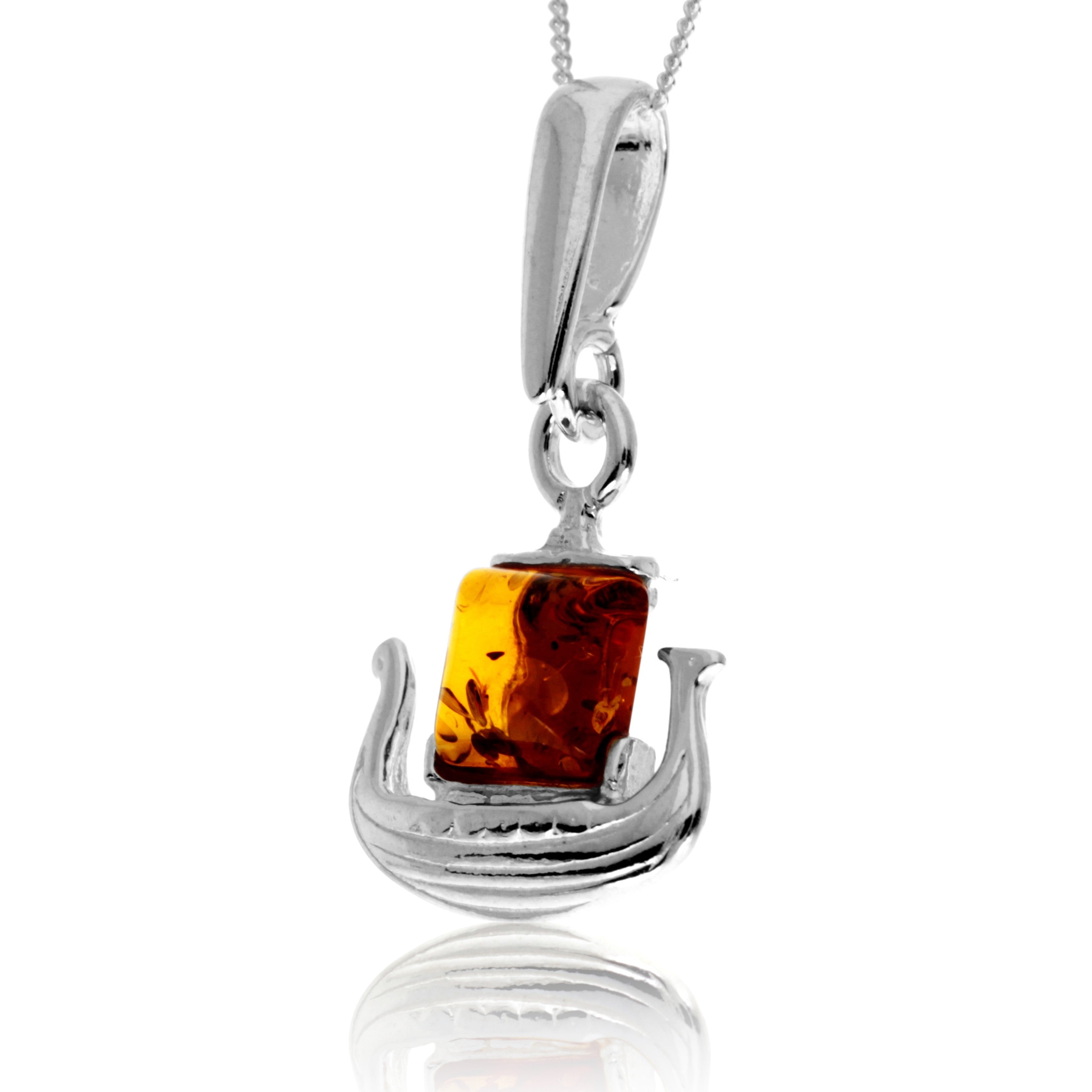 925 Steling Silver & Genuine Baltic Amber Viking Ship Pendant - GL2056