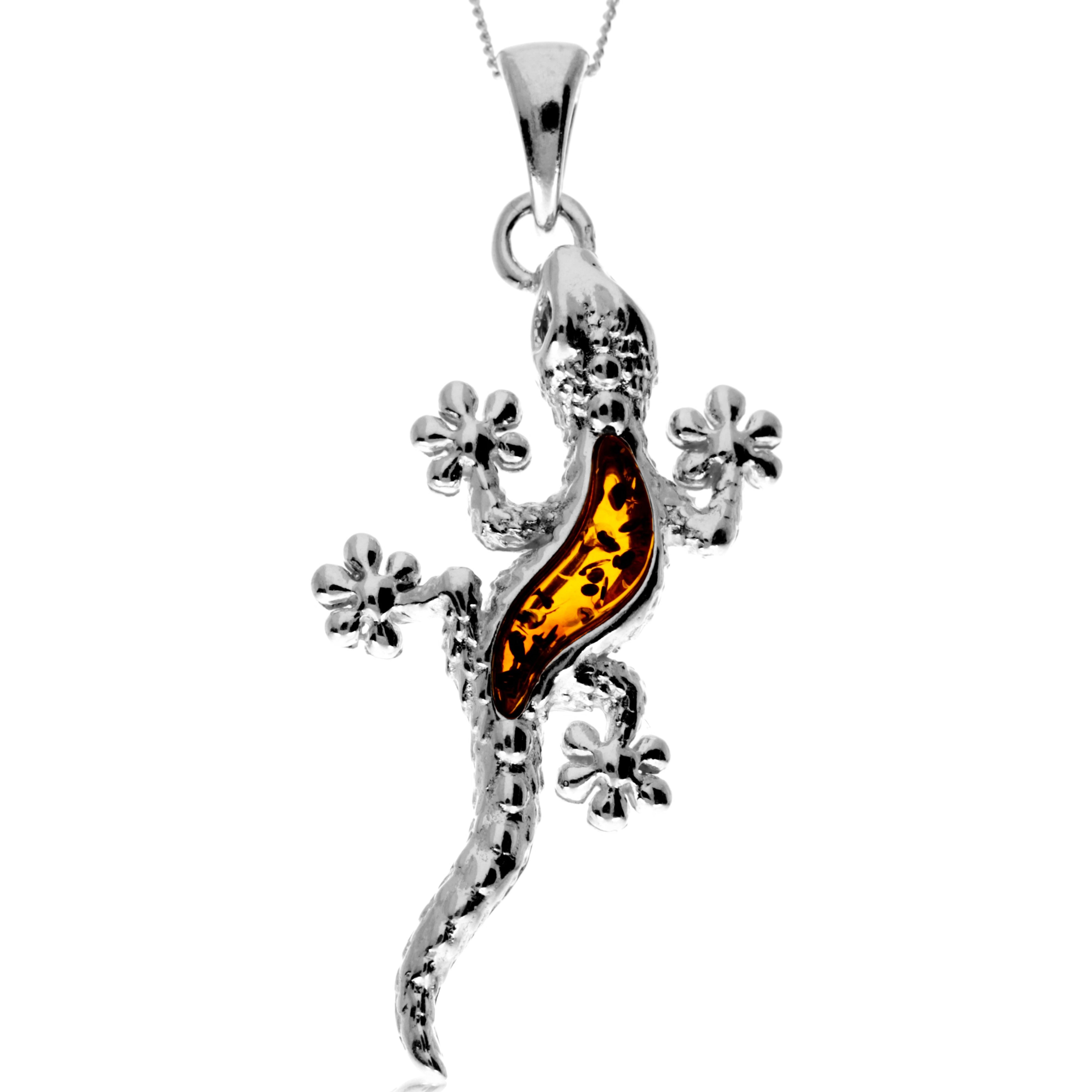 925 Steling Silver & Genuine Baltic Amber Lizzard Pendant - GL2058