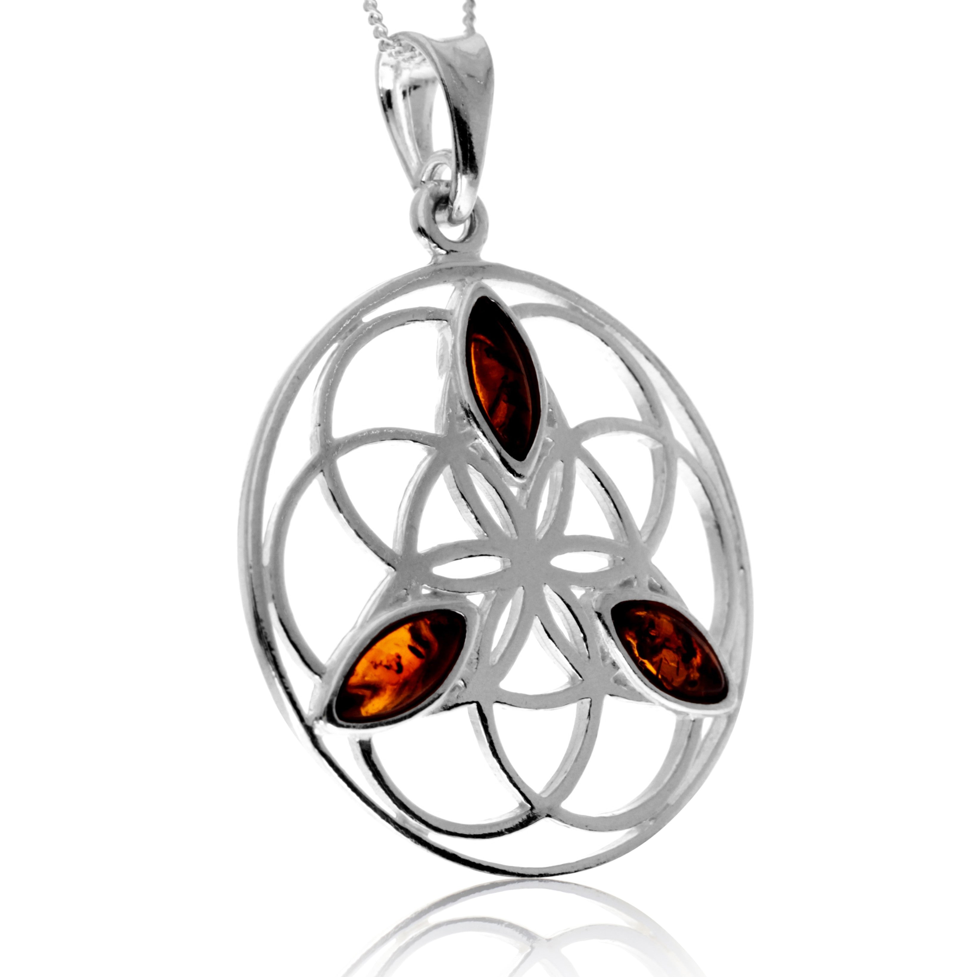 925 Steling Silver & Genuine Baltic Amber Celtic Flower of Life Pendant - GL2059