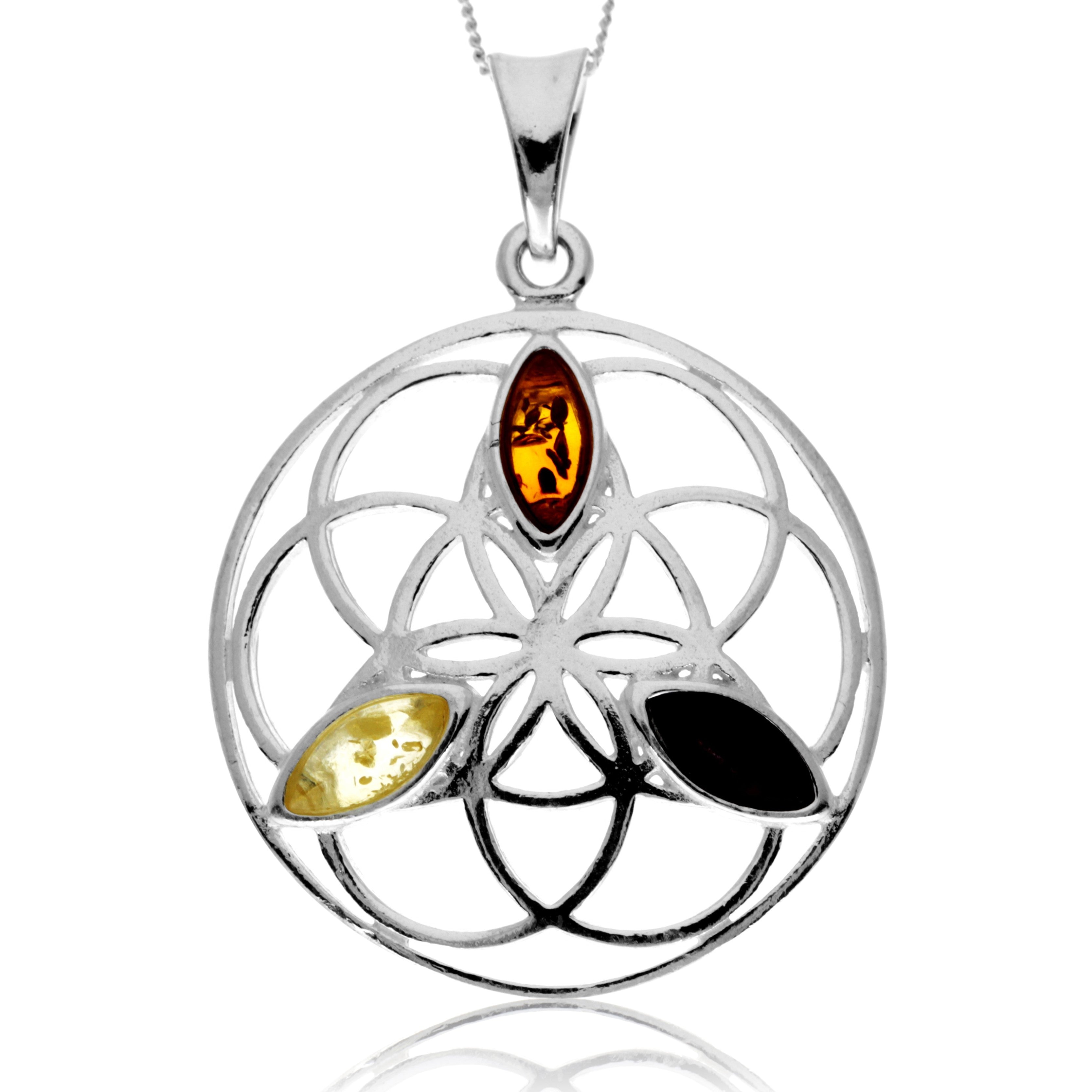 925 Steling Silver & Genuine Baltic Amber Celtic Flower of Life Pendant - GL2059