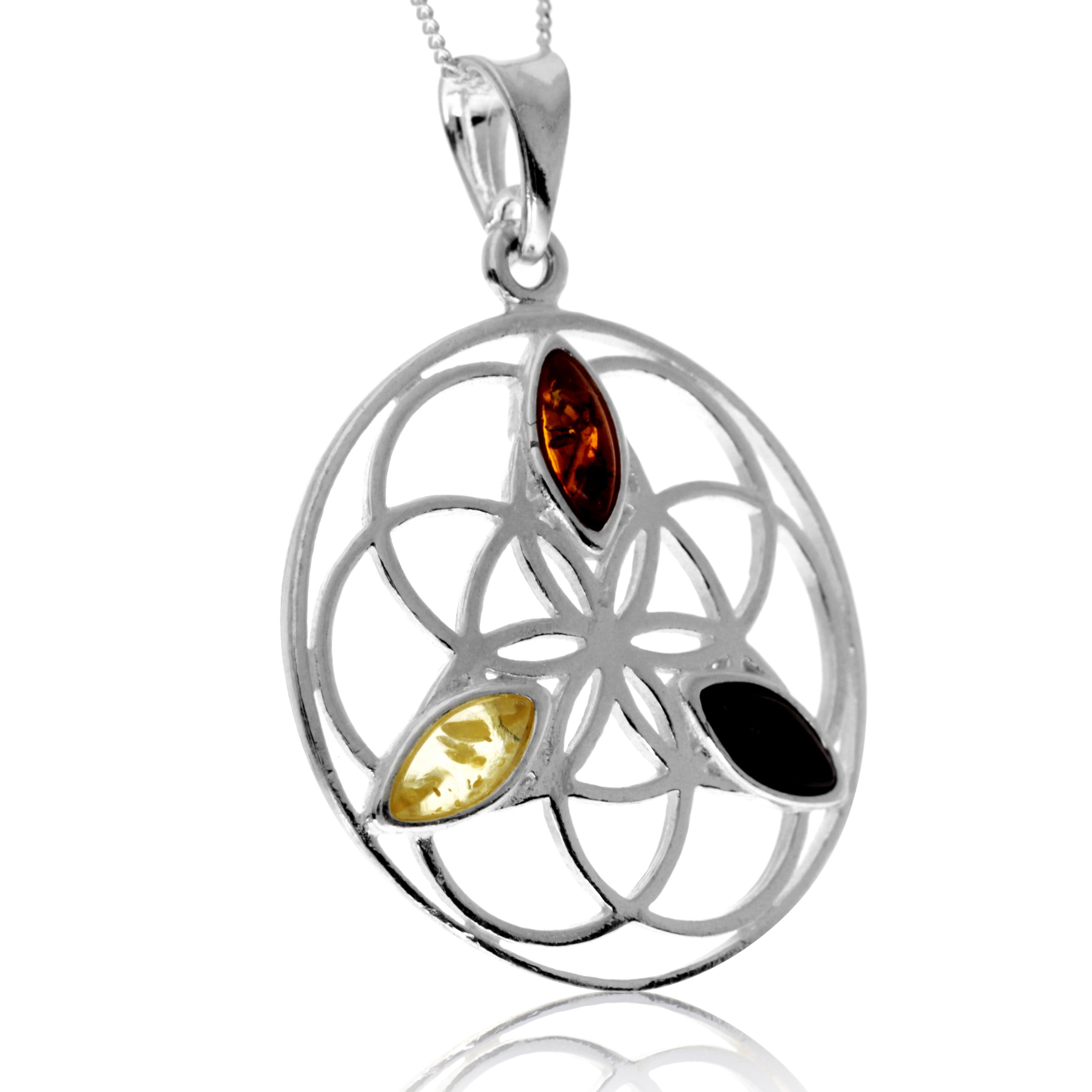 925 Steling Silver & Genuine Baltic Amber Celtic Flower of Life Pendant - GL2059