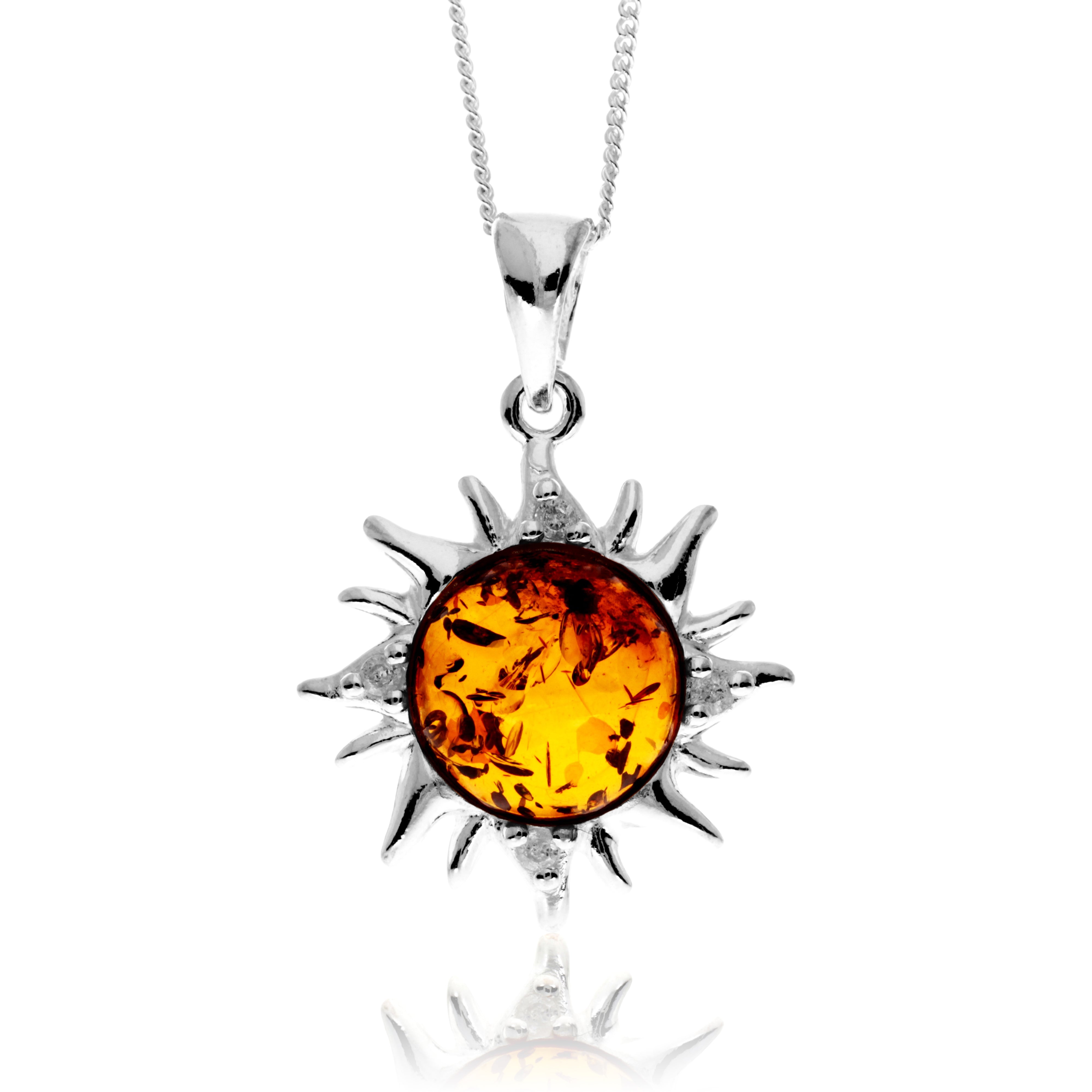 925 Steling Silver & Genuine Baltic Amber Sun with Zirconia Stones Pendant - GL2061