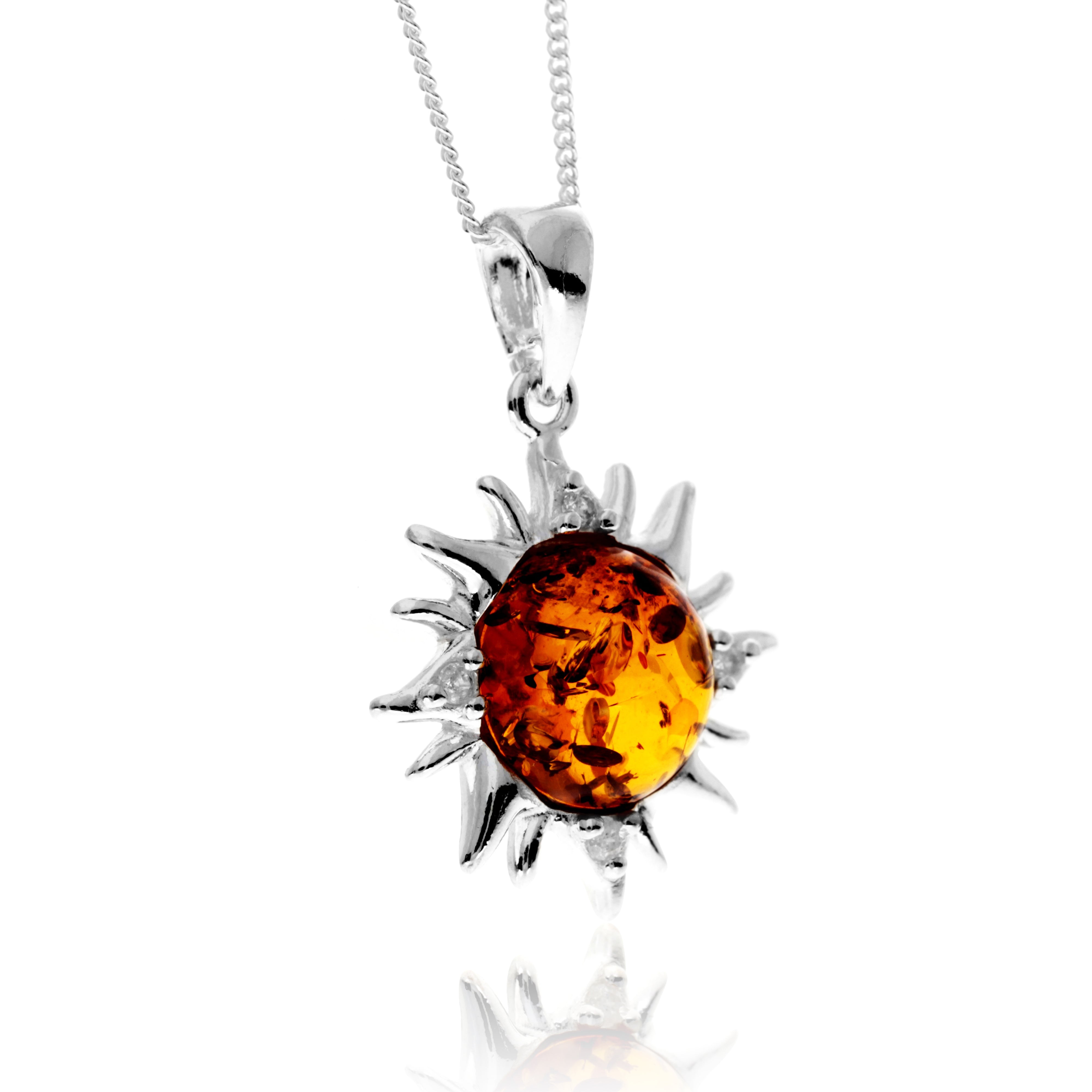 925 Steling Silver & Genuine Baltic Amber Sun with Zirconia Stones Pendant - GL2061