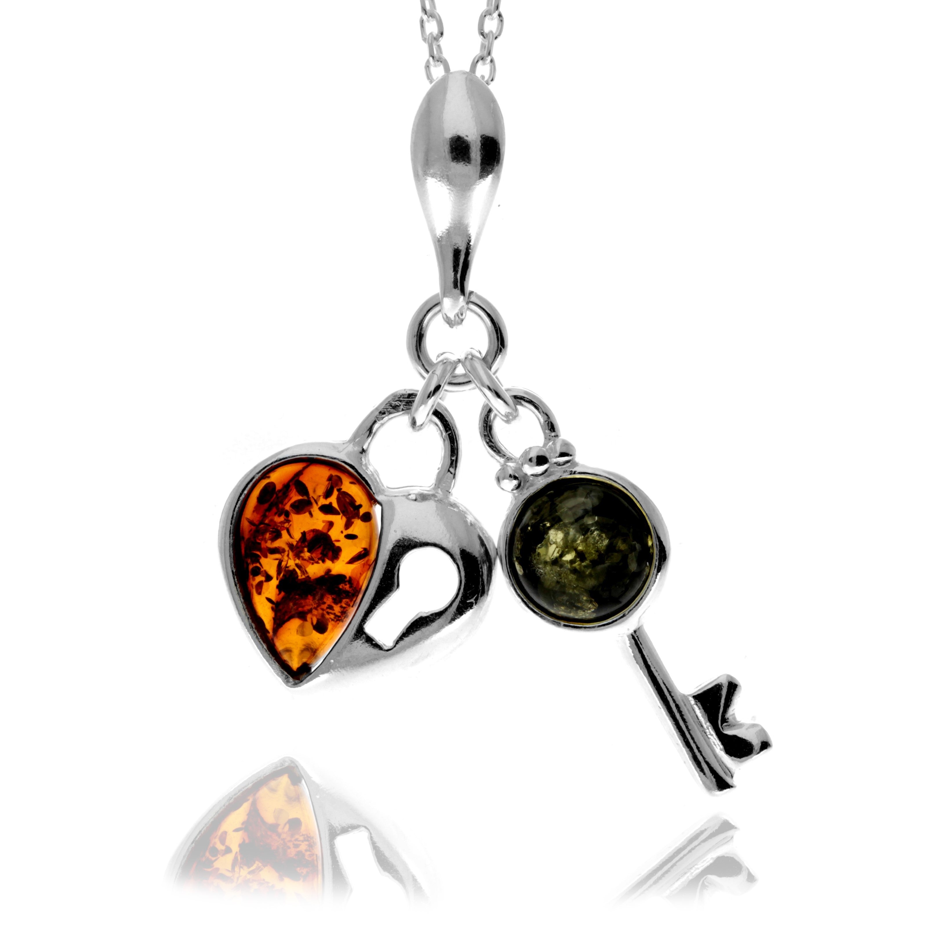 925 Sterling Silver & Baltic Amber Key & Heart Pendant - GL336