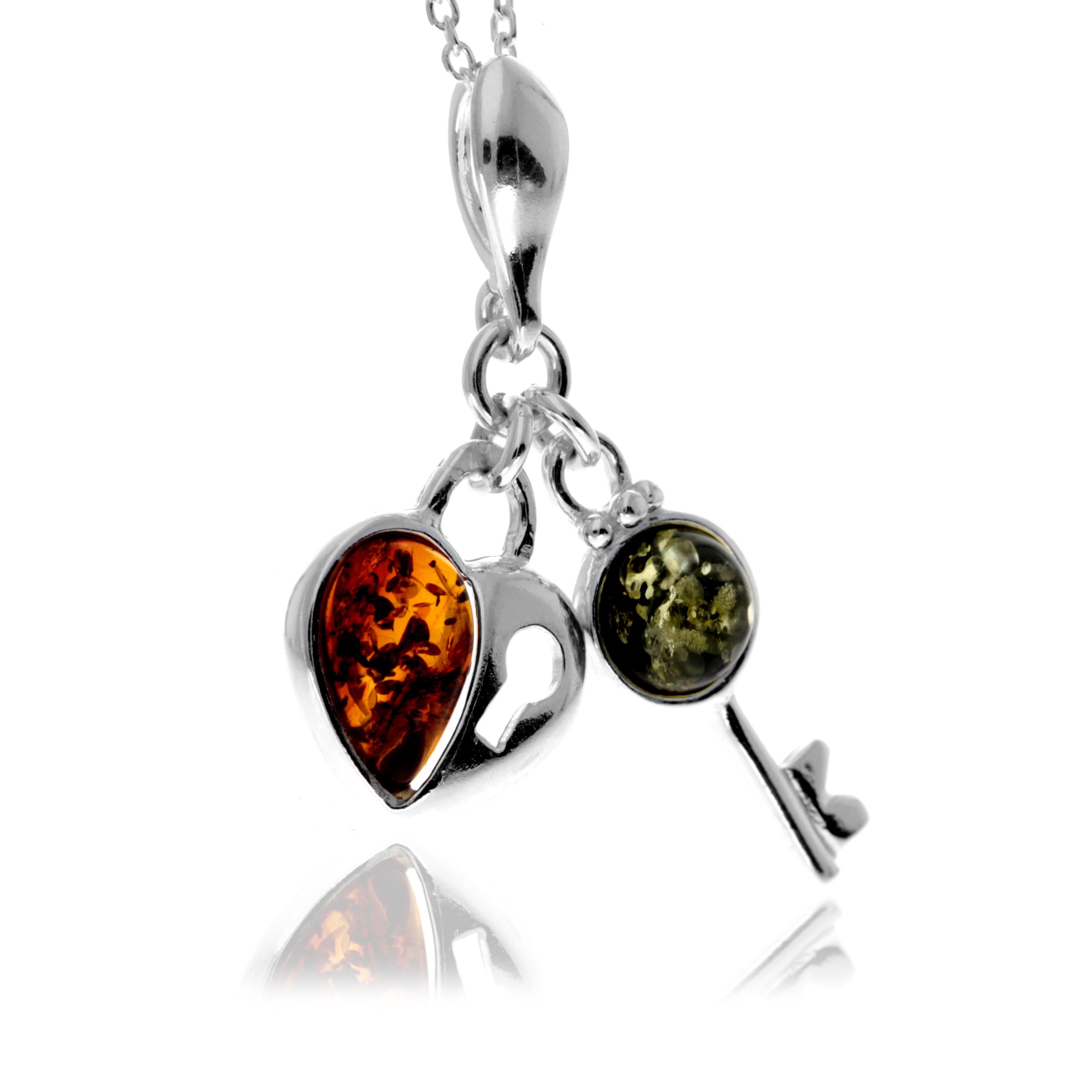 925 Sterling Silver & Baltic Amber Key & Heart Pendant - GL336