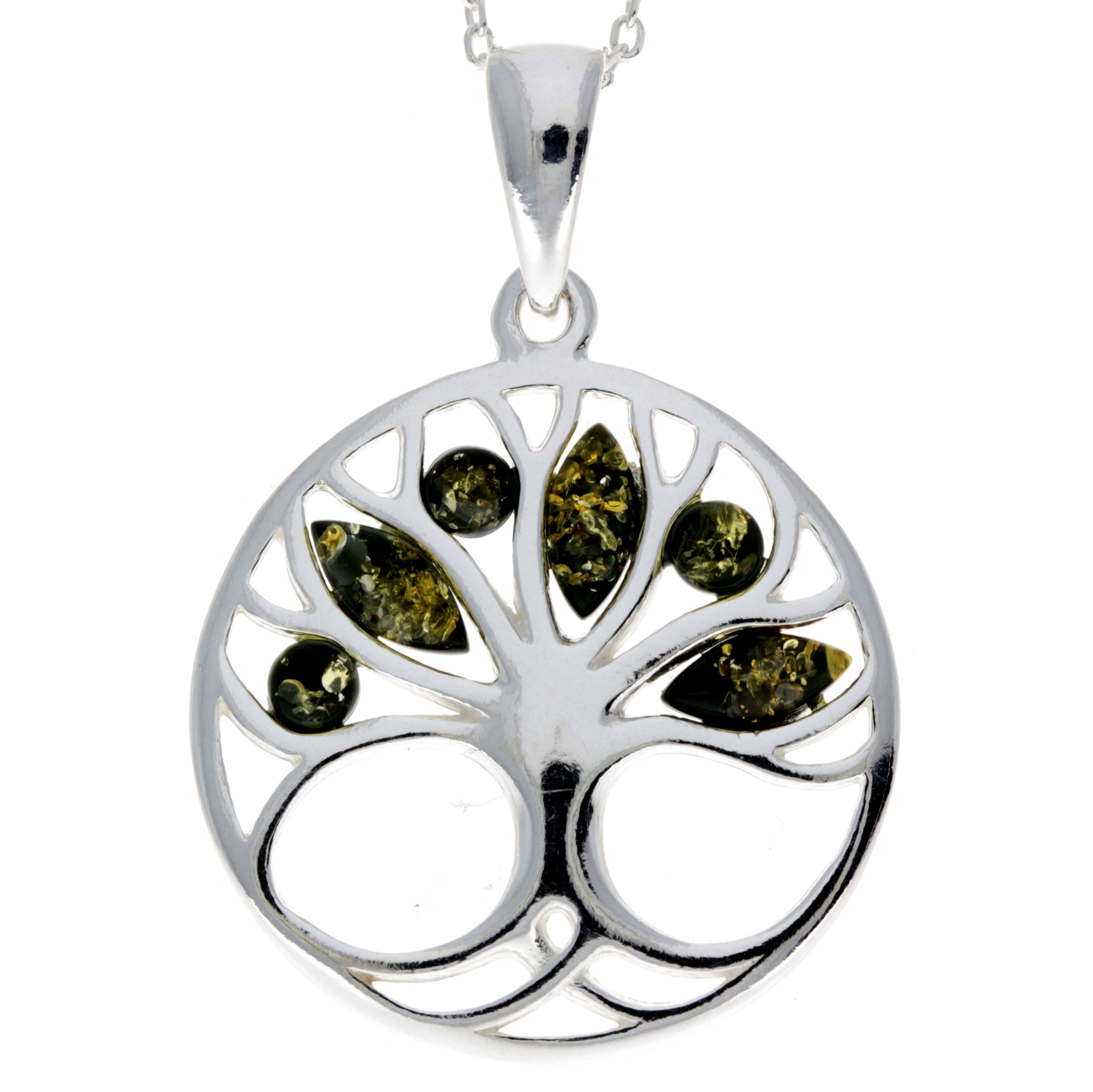 925 Sterling Silver Tree of Life with Genuine Baltic Amber Gemstones - GL363