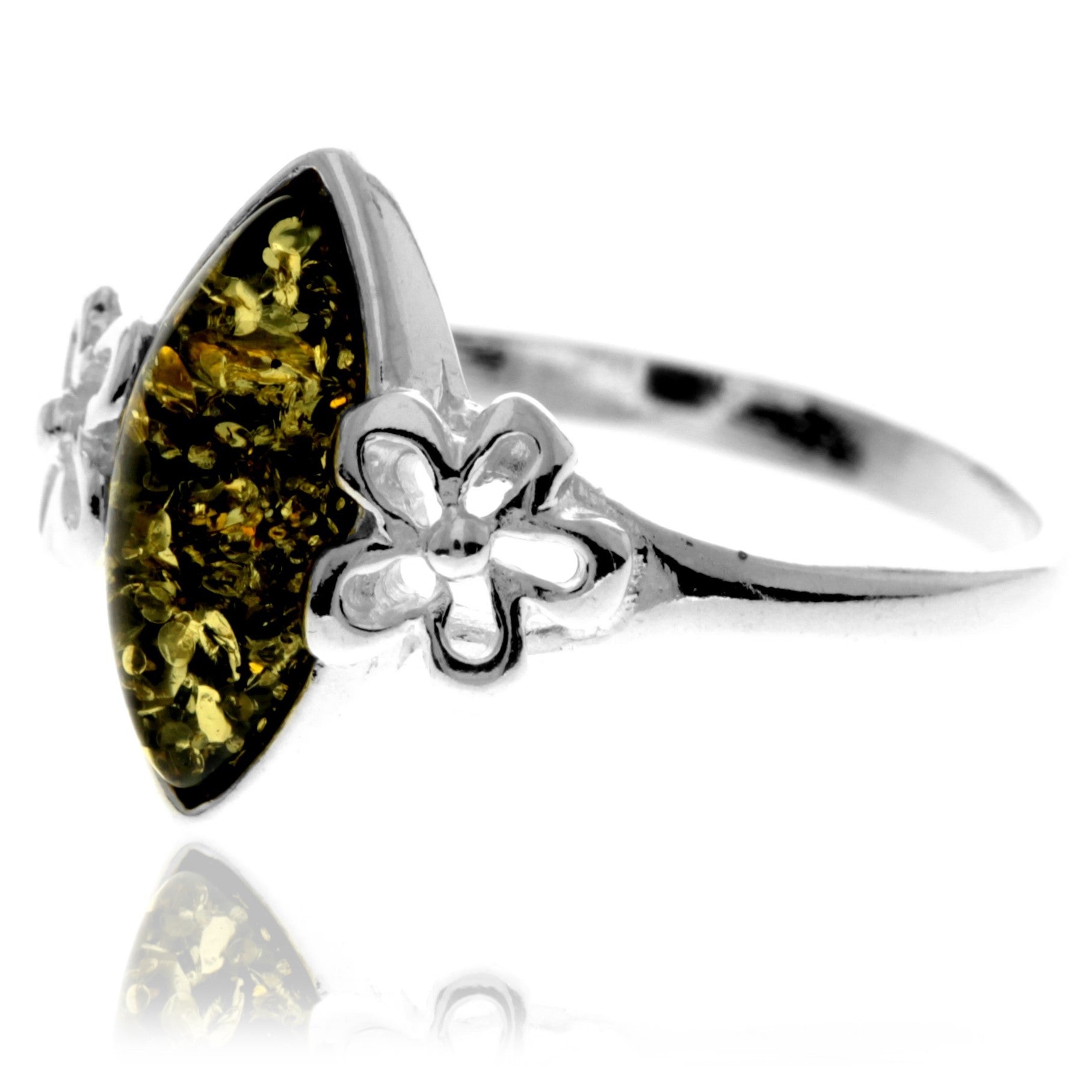 925 Sterling Silver & Genuine Baltic Amber Flower Ring - GL409