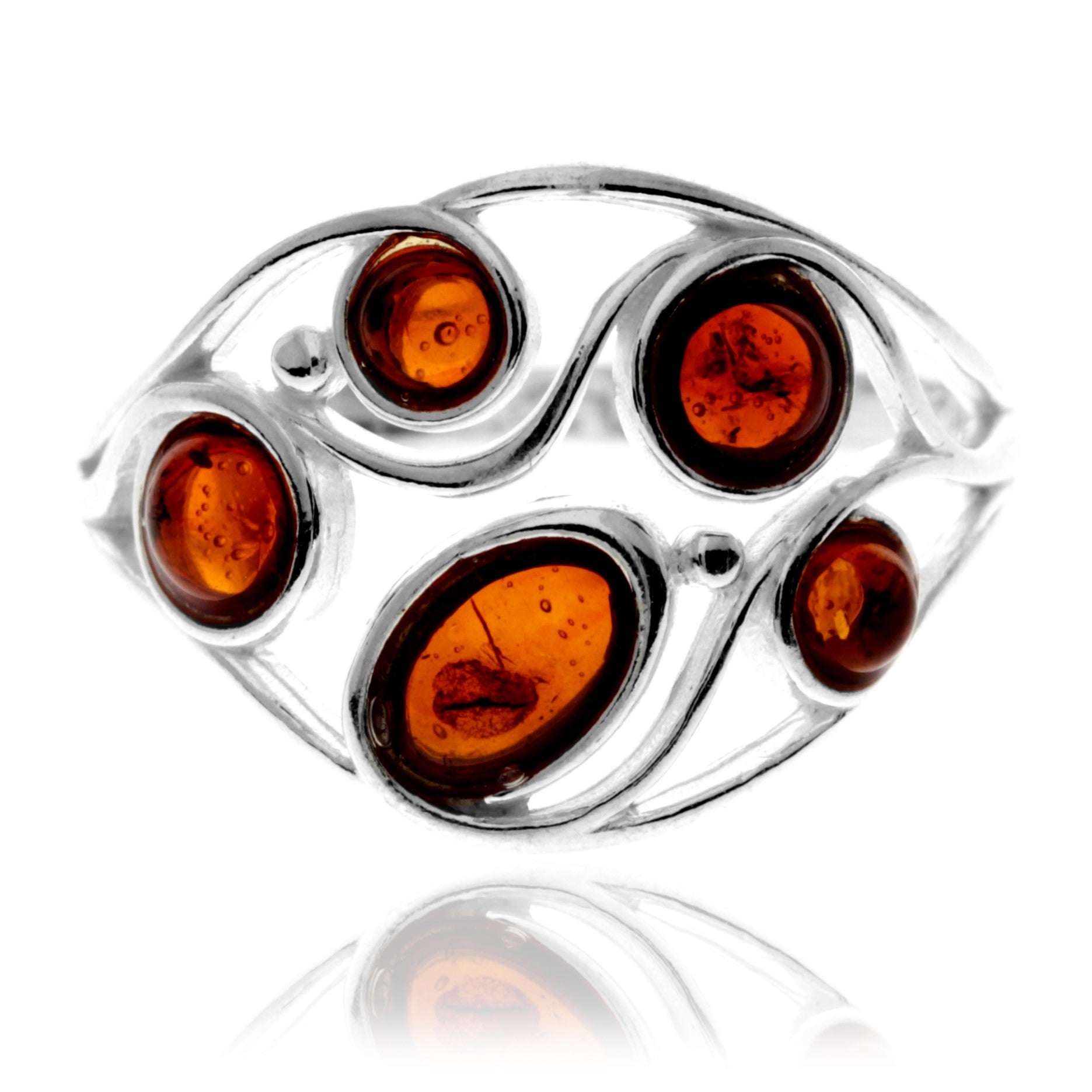 925 Sterling Silver & Genuine Baltic Amber Multi Stone Classic Ring - GL747