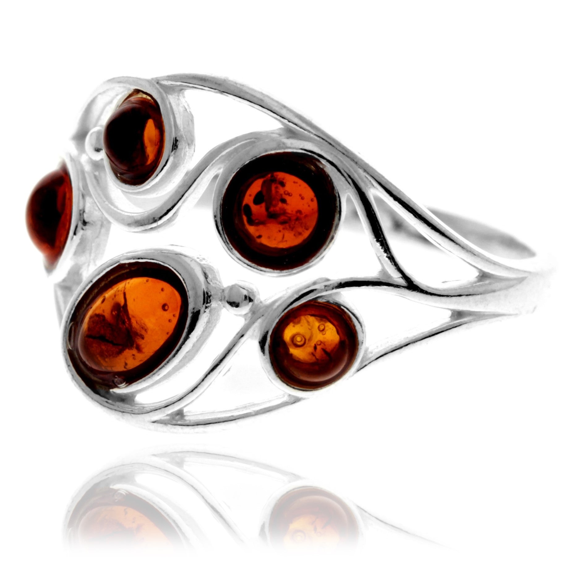 925 Sterling Silver & Genuine Baltic Amber Multi Stone Classic Ring - GL747