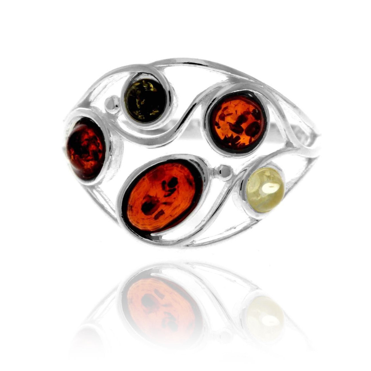 925 Sterling Silver & Genuine Baltic Amber Multi Stone Classic Ring - GL747