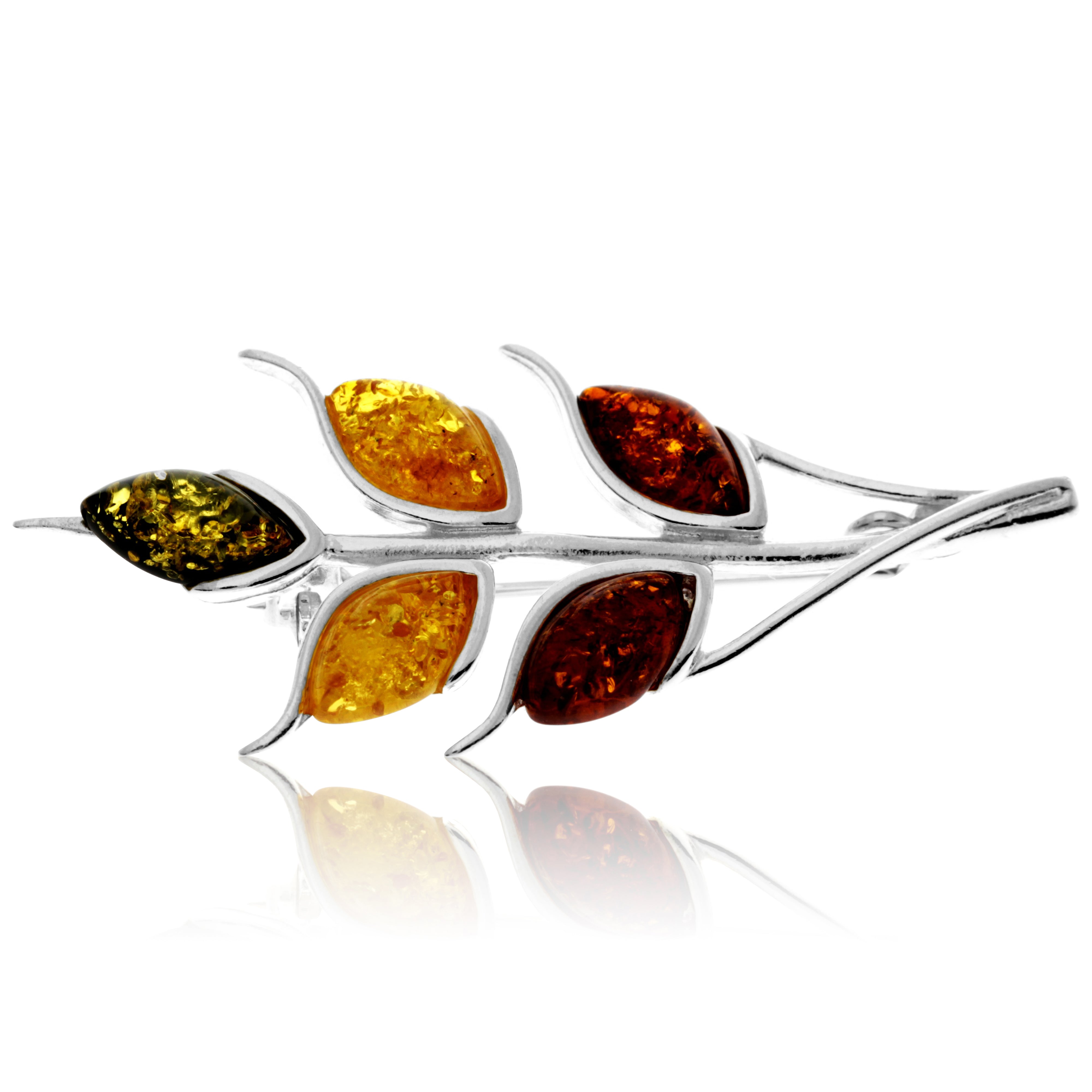 925 Sterling Silver & Genuine Baltic Amber Multi Stone Leaf Brooch - GL800