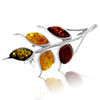 925 Sterling Silver & Genuine Baltic Amber Multi Stone Leaf Brooch - GL800