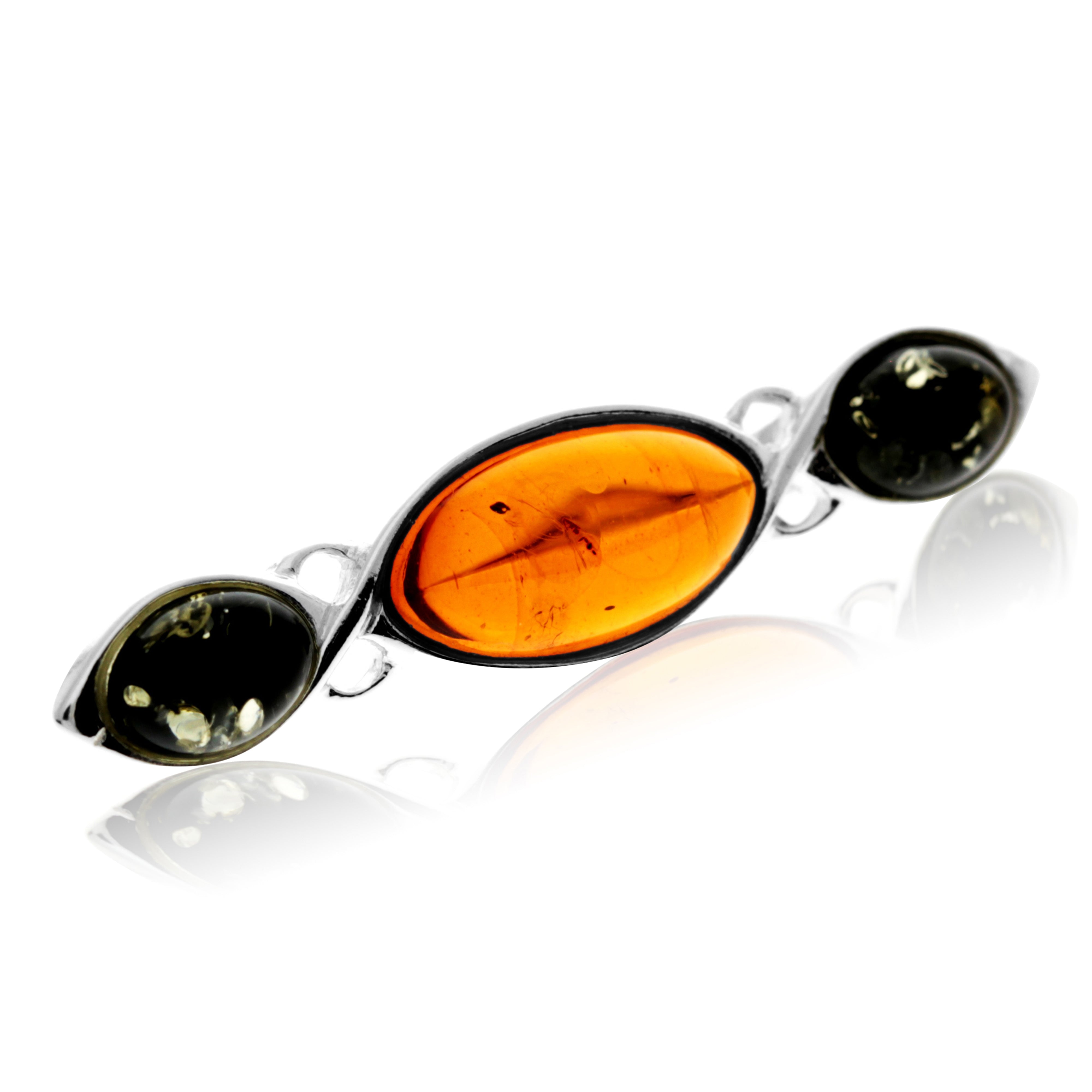 925 Sterling Silver & Genuine Baltic Amber 3 Stone Classic Brooch - GL802