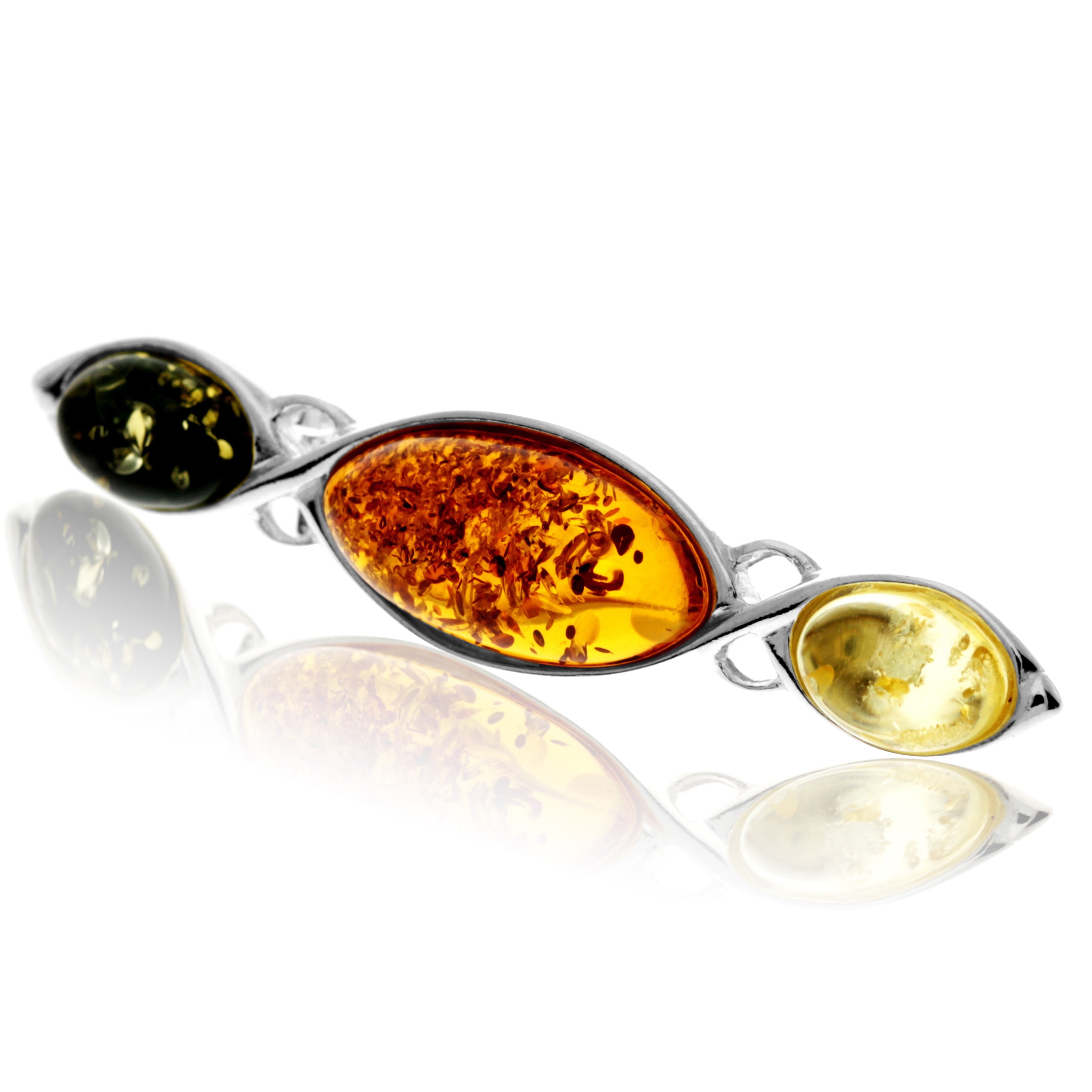 925 Sterling Silver & Genuine Baltic Amber 3 Stone Classic Brooch - GL802