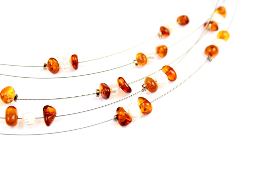 Genuine Raw Cognac Baltic Amber Beads Necklace on Stainless Steel - NE0099