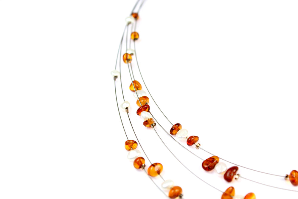 Genuine Raw Cognac Baltic Amber Beads Necklace on Stainless Steel - NE0099