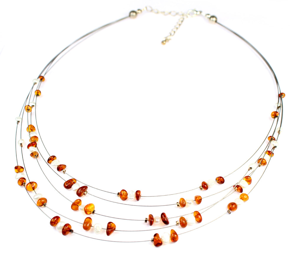 Genuine Raw Cognac Baltic Amber Beads Necklace on Stainless Steel - NE0099