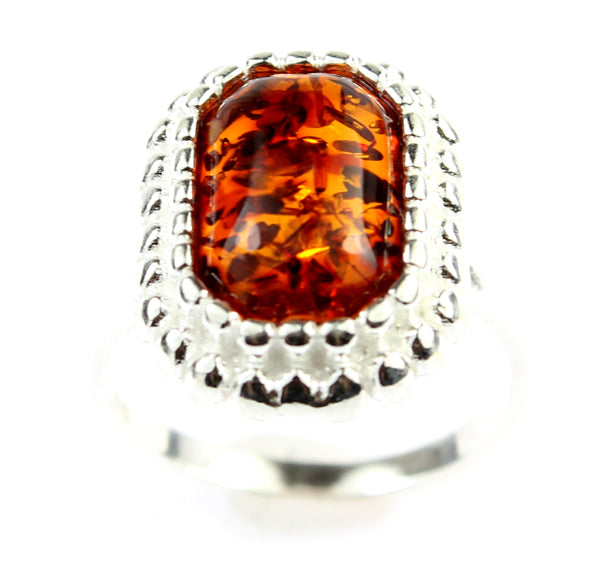 925 Sterling Silver & Genuine Baltic Amber Classic Designer Ring - GL456