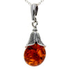 925 Sterling Silver & Genuine Baltic Amber Ball Classic Flower Pendant - 1544