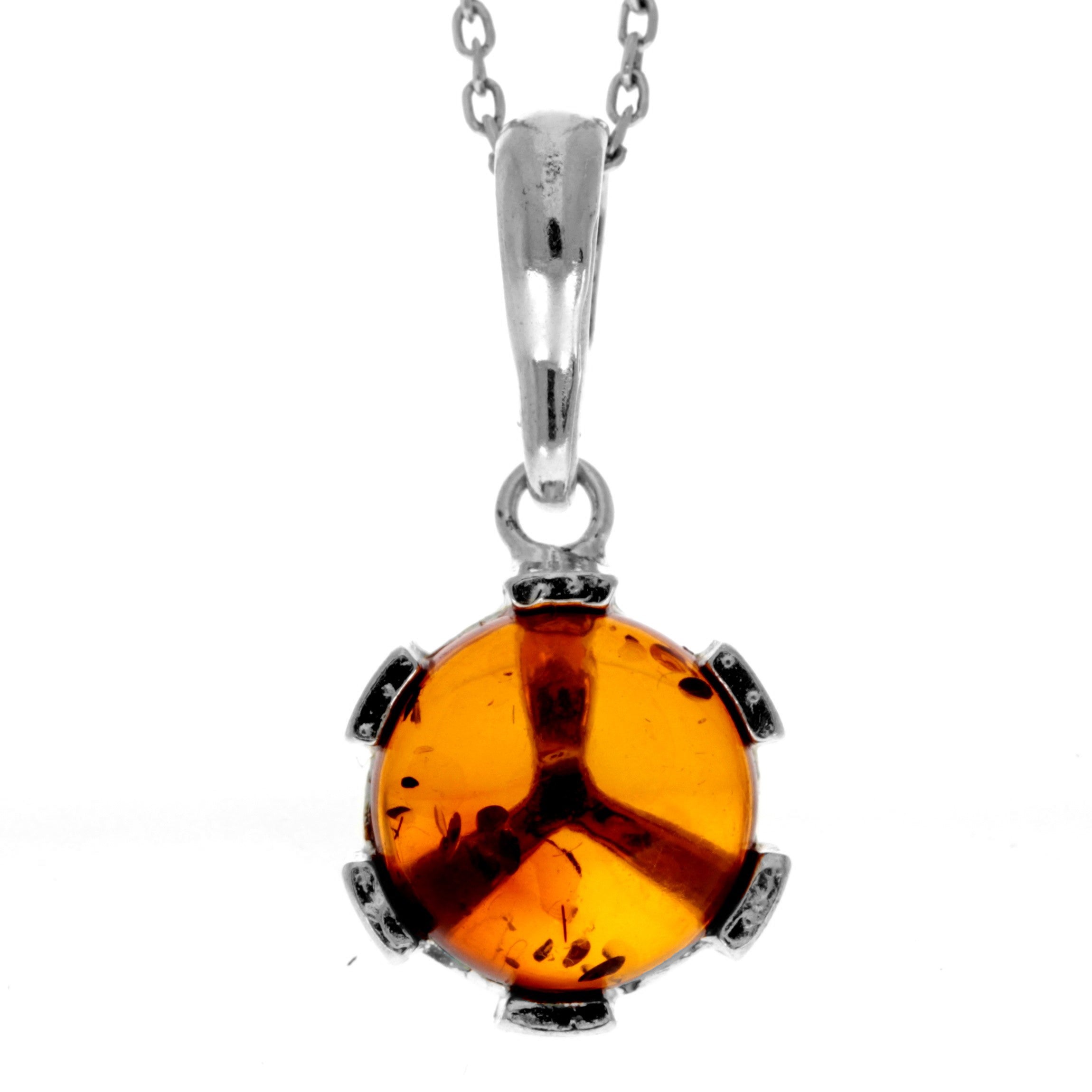 925 Sterling Silver & Genuine Baltic Amber Classic Round Modern  Pendant - 1581