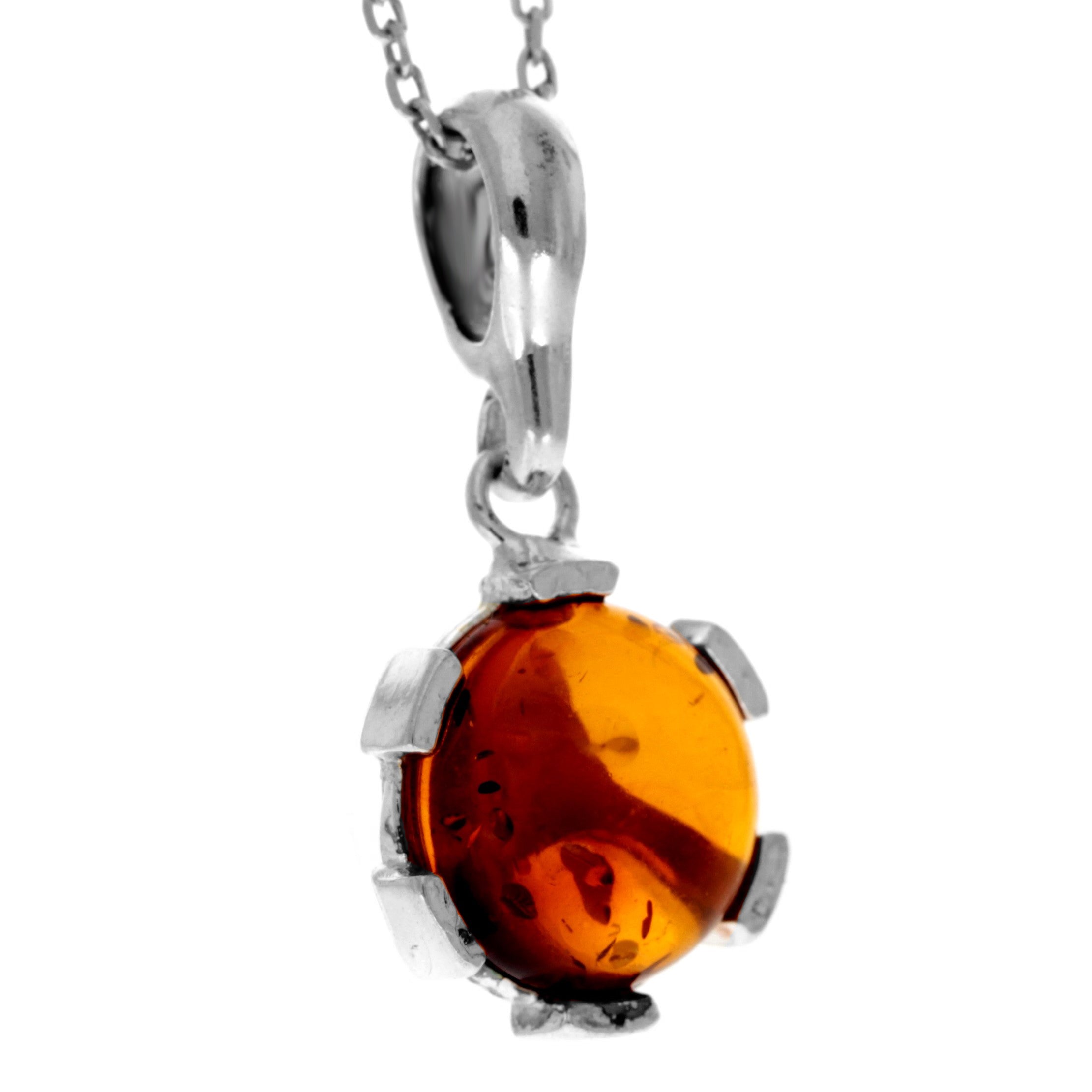 925 Sterling Silver & Genuine Baltic Amber Classic Round Modern  Pendant - 1581