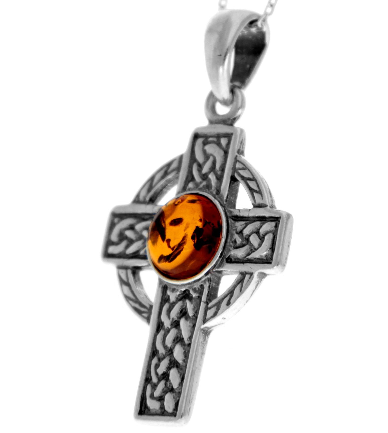 925 Sterling Silver & Baltic Amber Celtic Cross Pendant - 1640