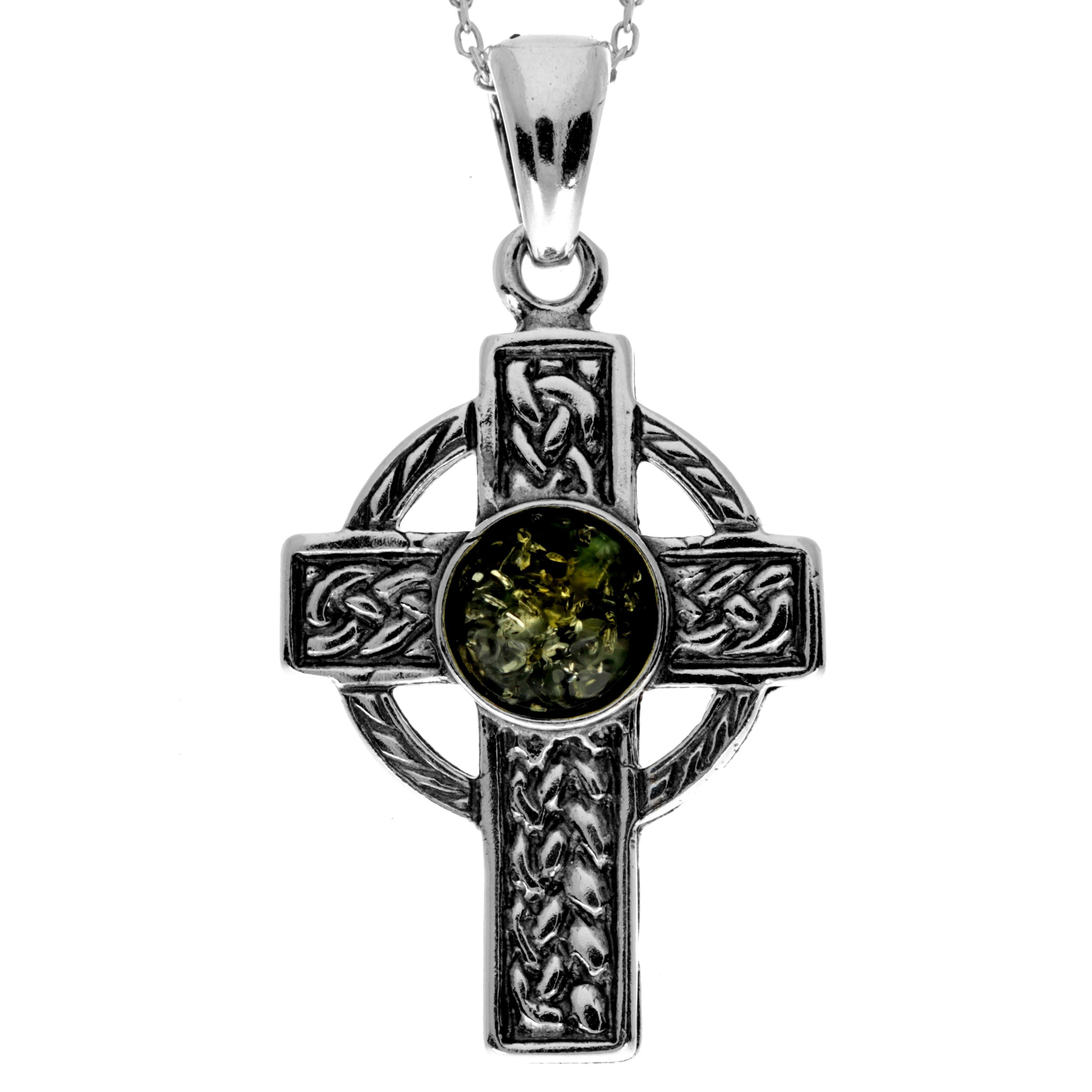 925 Sterling Silver & Baltic Amber Celtic Cross Pendant - 1640