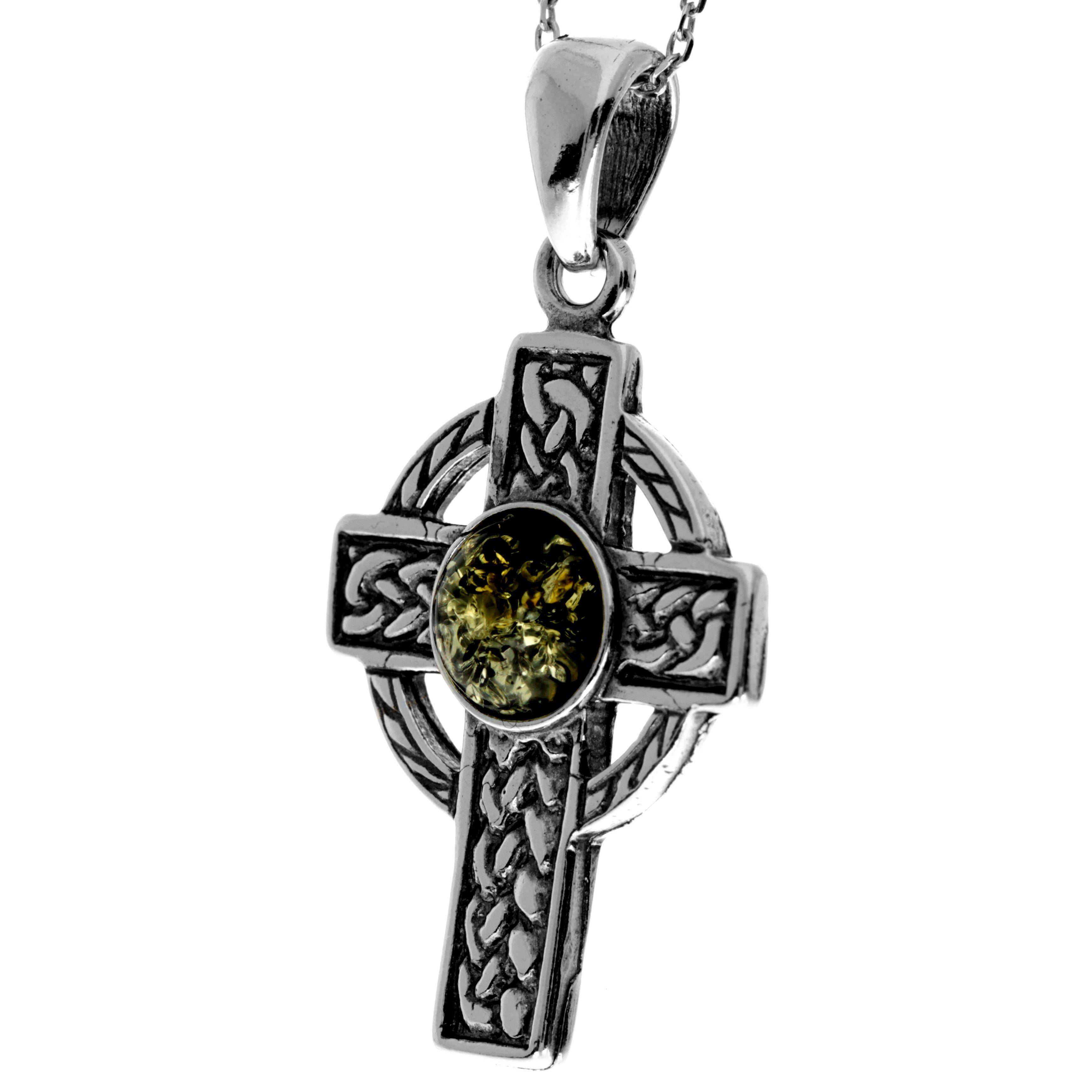 925 Sterling Silver & Baltic Amber Celtic Cross Pendant - 1640