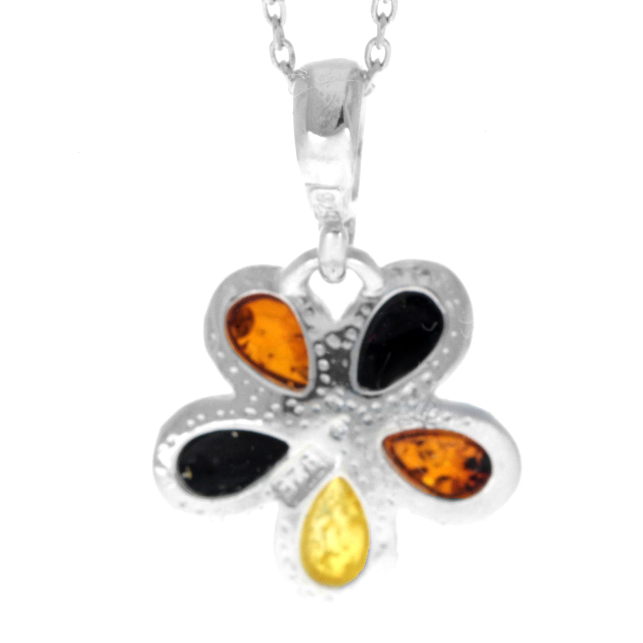 925 Sterling Silver & Genuine Teardrop Baltic Amber Multi Stones Classic Pendant - 1665