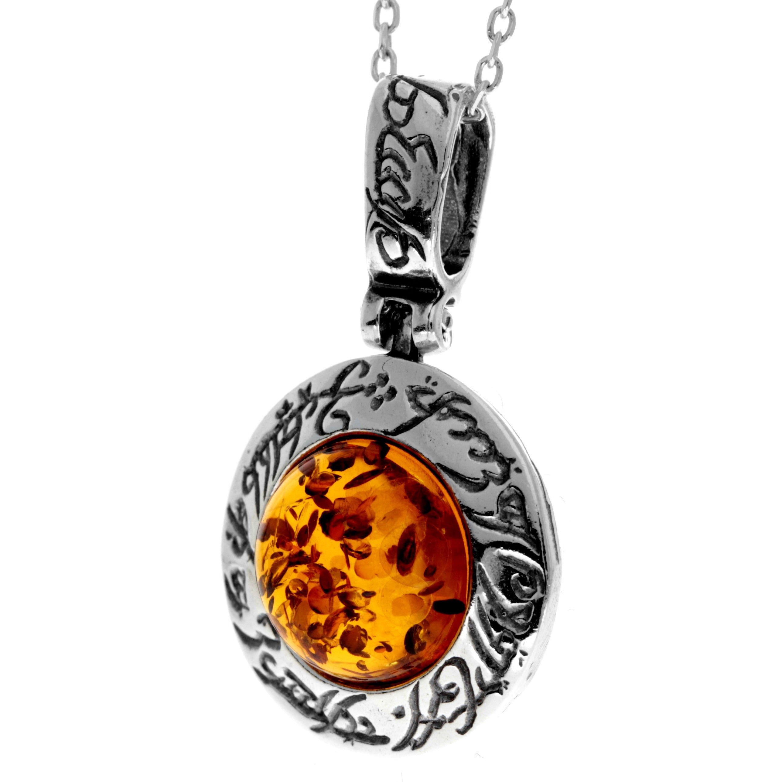 925 Steling Silver & Genuine Baltic Amber Modern Round Pendant - 1670