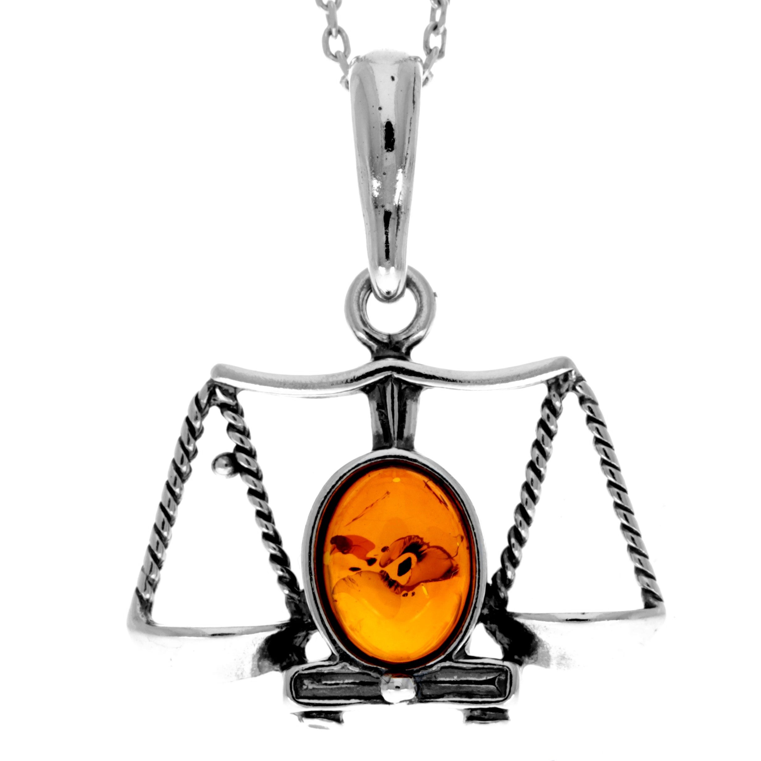 925 Sterling Silver & Genuine Baltic Amber Classic  Zodiac Libra Pendant - 1697