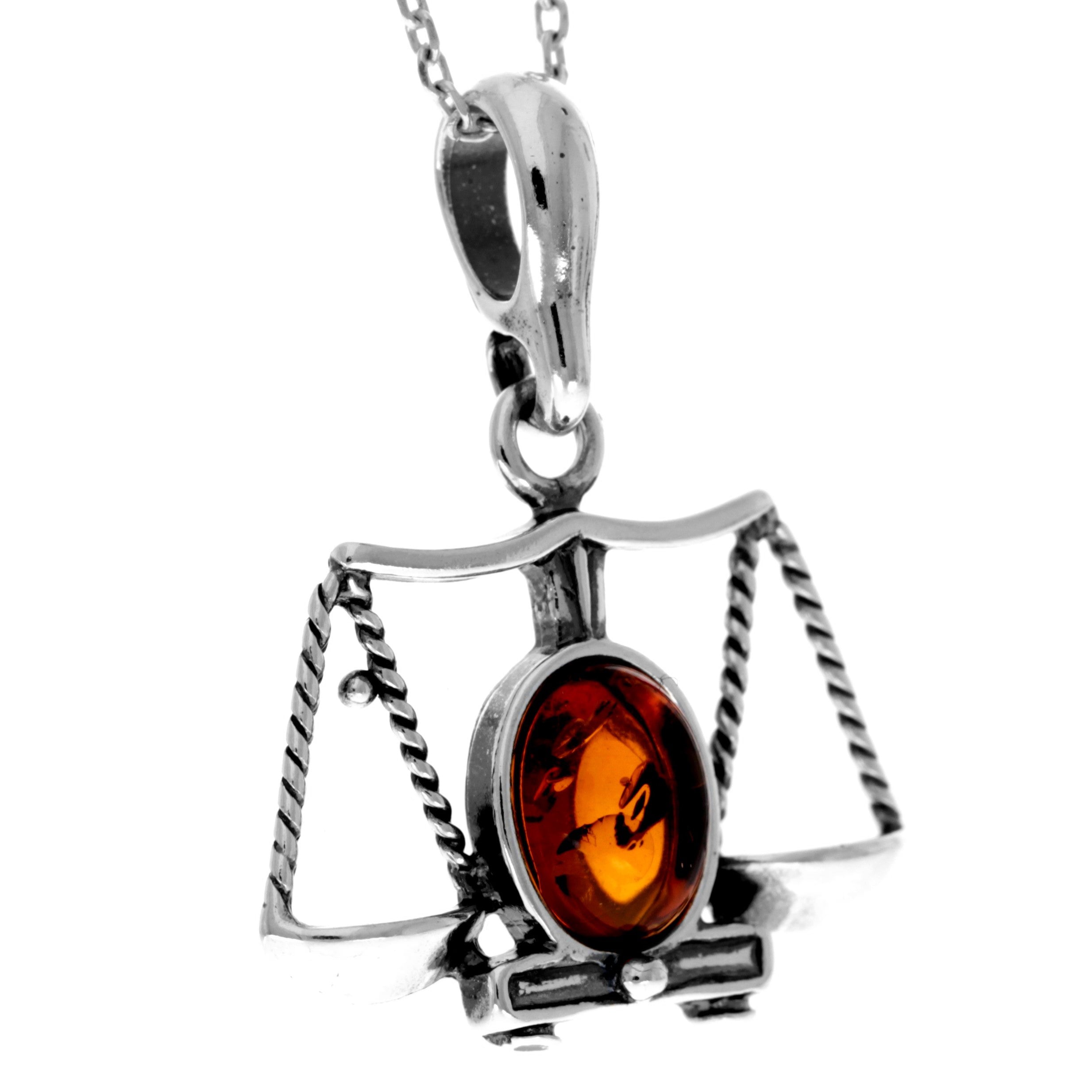 925 Sterling Silver & Genuine Baltic Amber Classic  Zodiac Libra Pendant - 1697