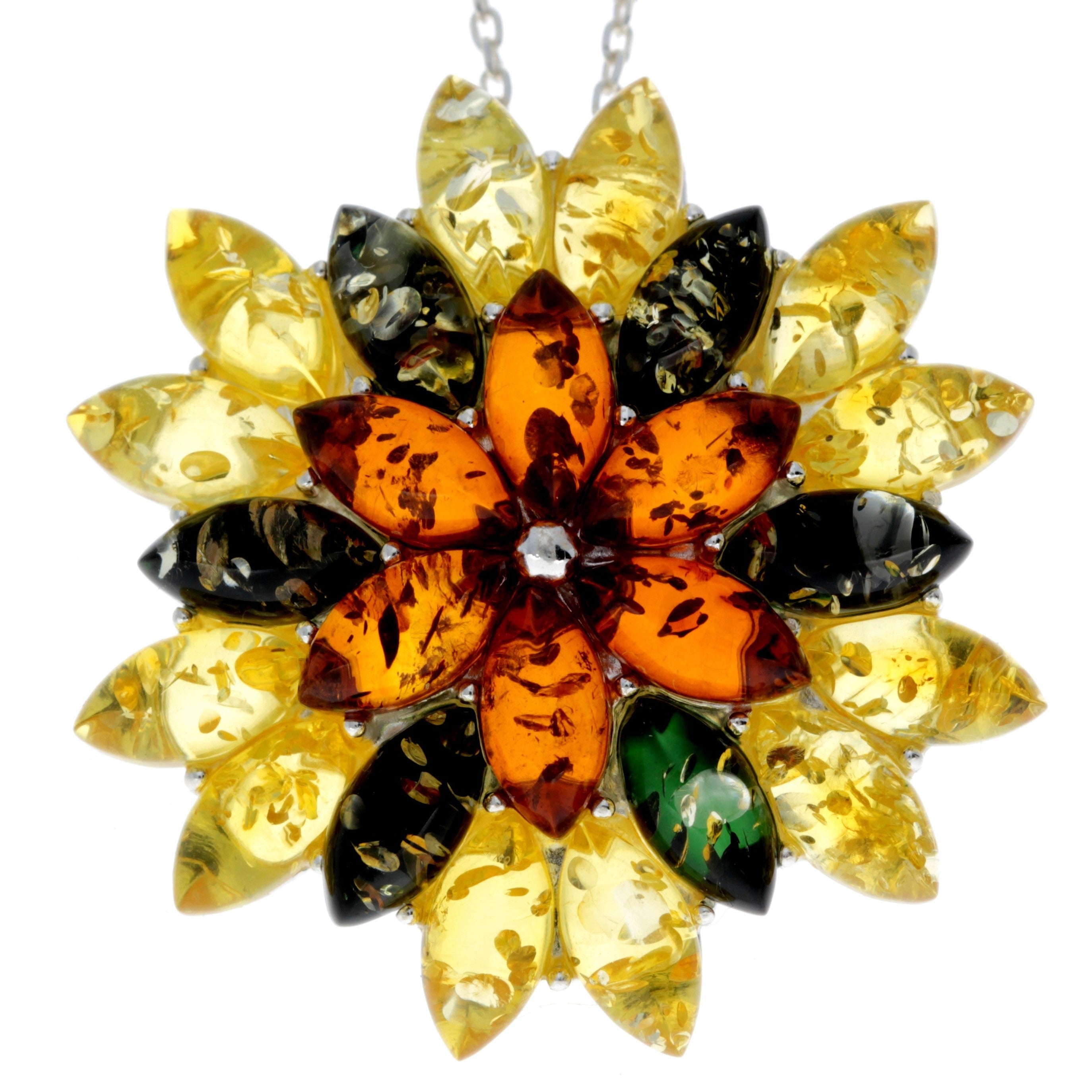 925 Sterling Silver & Genuine Baltic Amber Multi Stone Classic Pendant - 1702