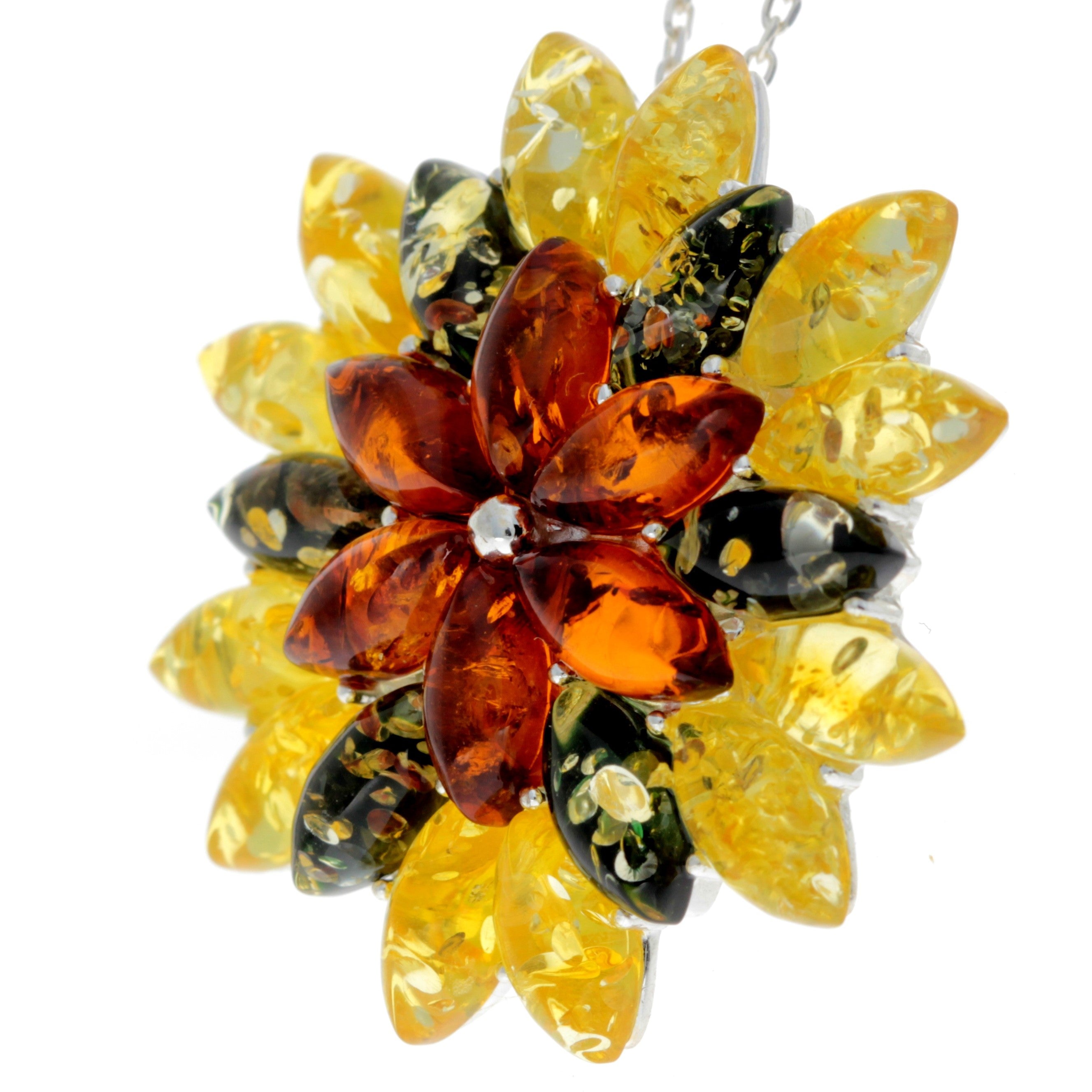 925 Sterling Silver & Genuine Baltic Amber Multi Stone Classic Pendant - 1702