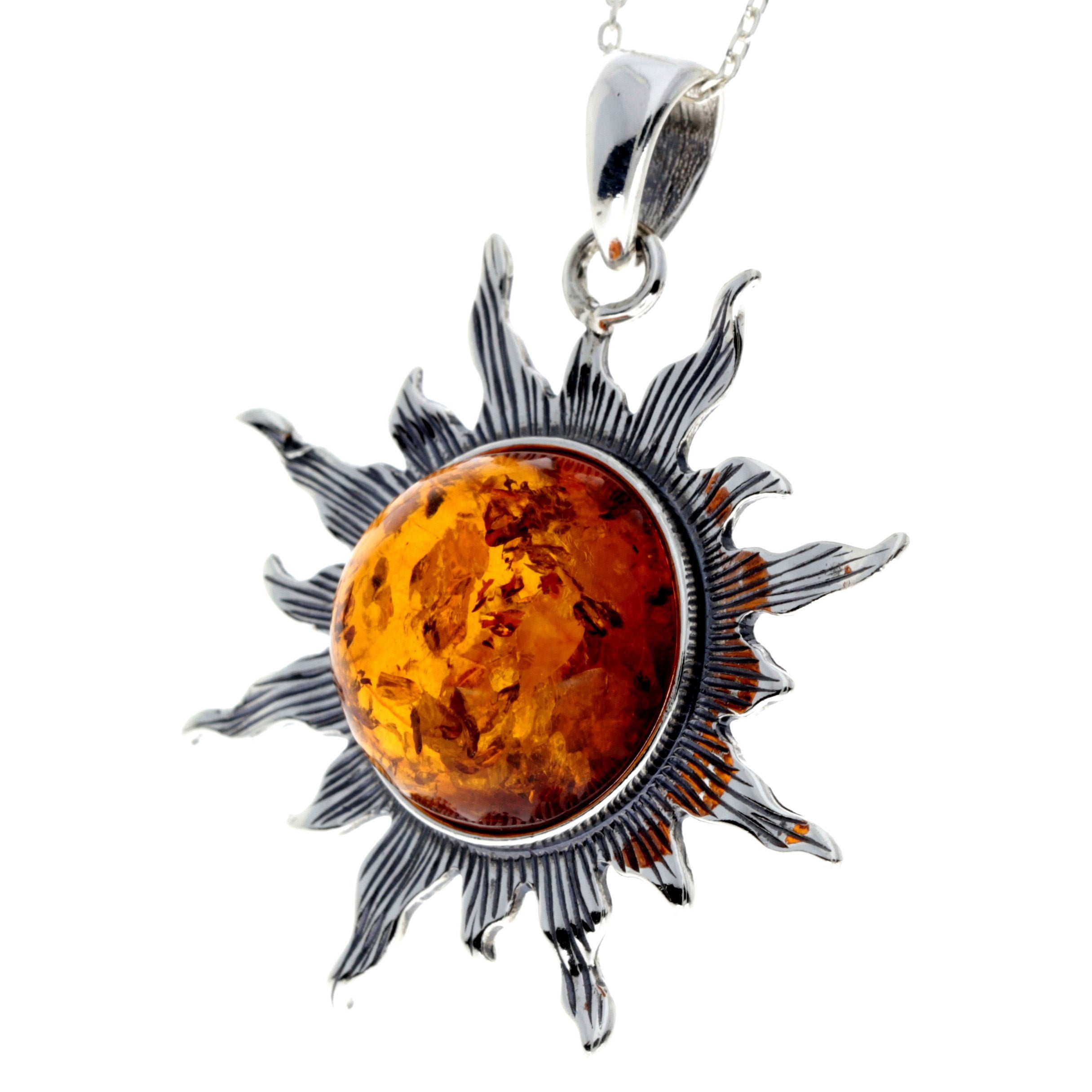 925 Sterling Silver & Genuine Baltic Amber Large Start / Sun Pendant - 1864