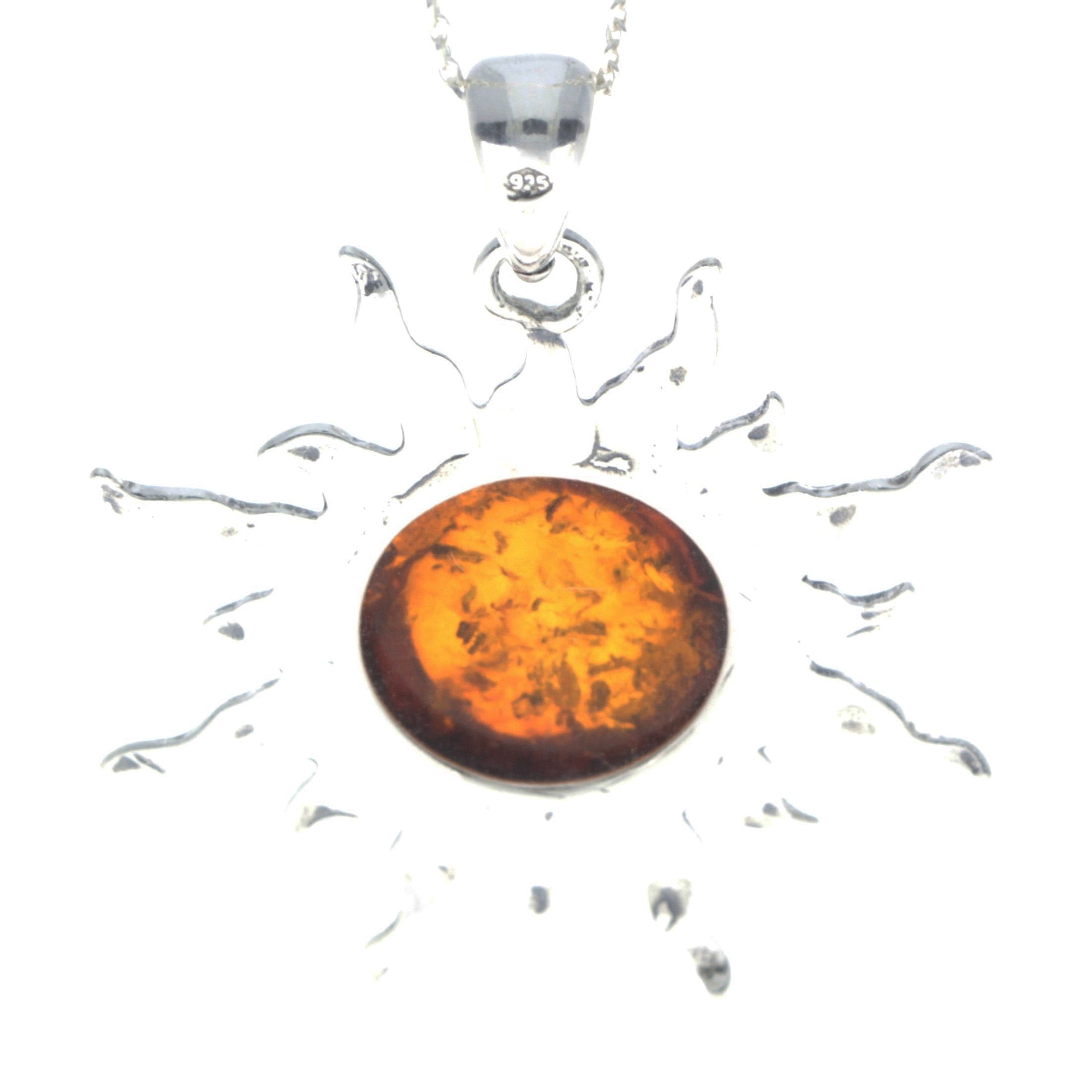 925 Sterling Silver & Genuine Baltic Amber Large Start / Sun Pendant - 1864