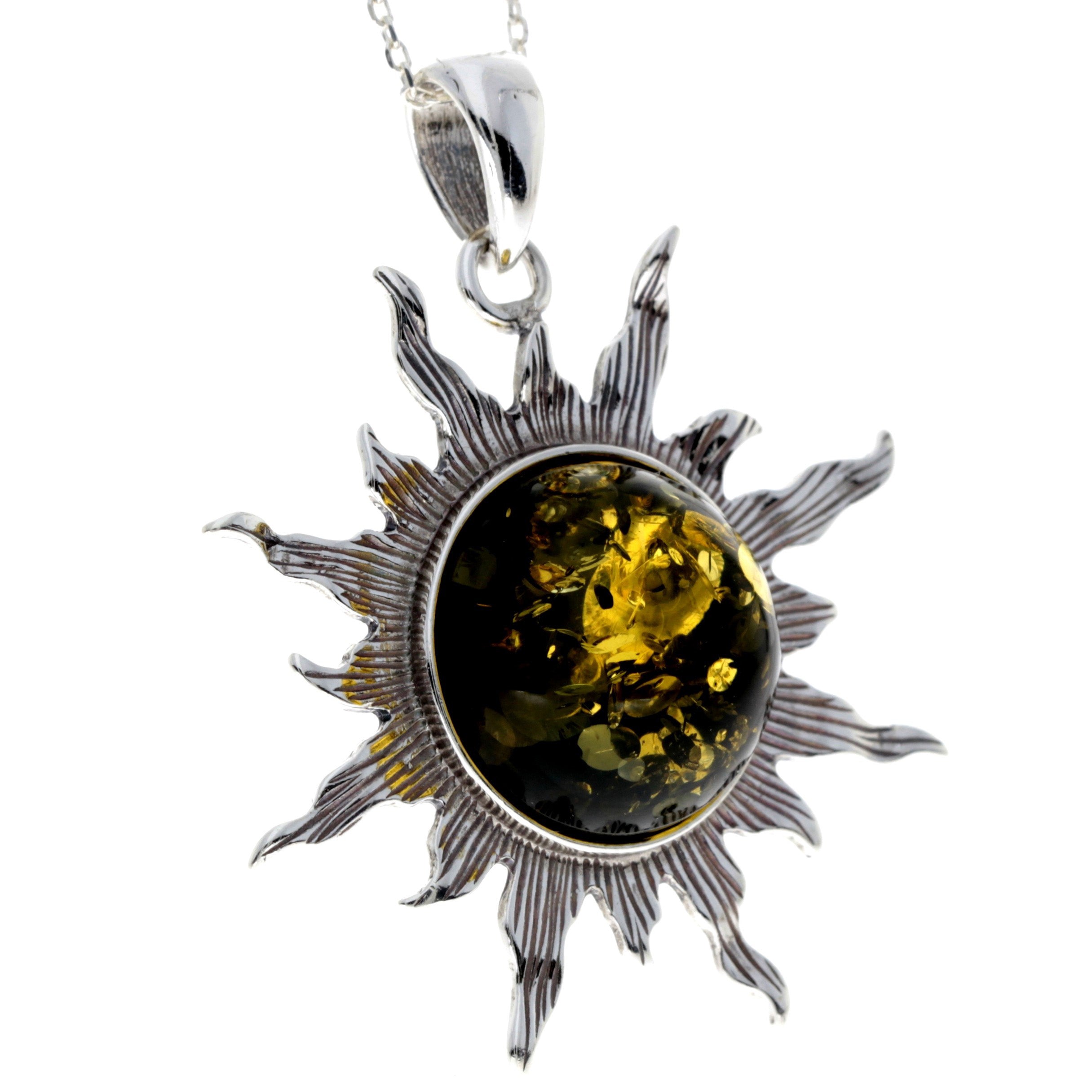 925 Sterling Silver & Genuine Baltic Amber Large Start / Sun Pendant - 1864