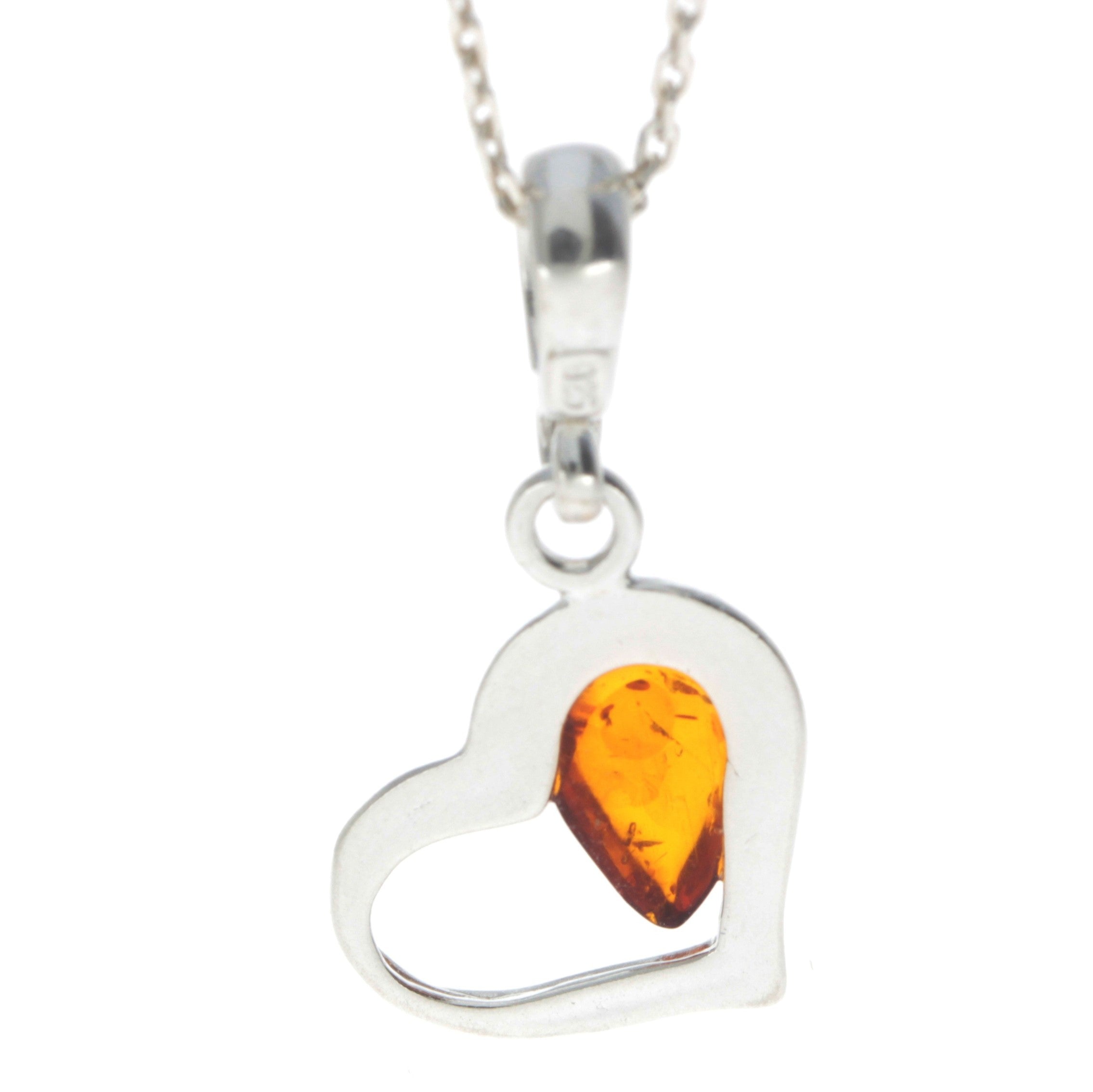 925 Sterling Silver & Genuine Teardrop Baltic Amber Classic Heart Pendant - 1957