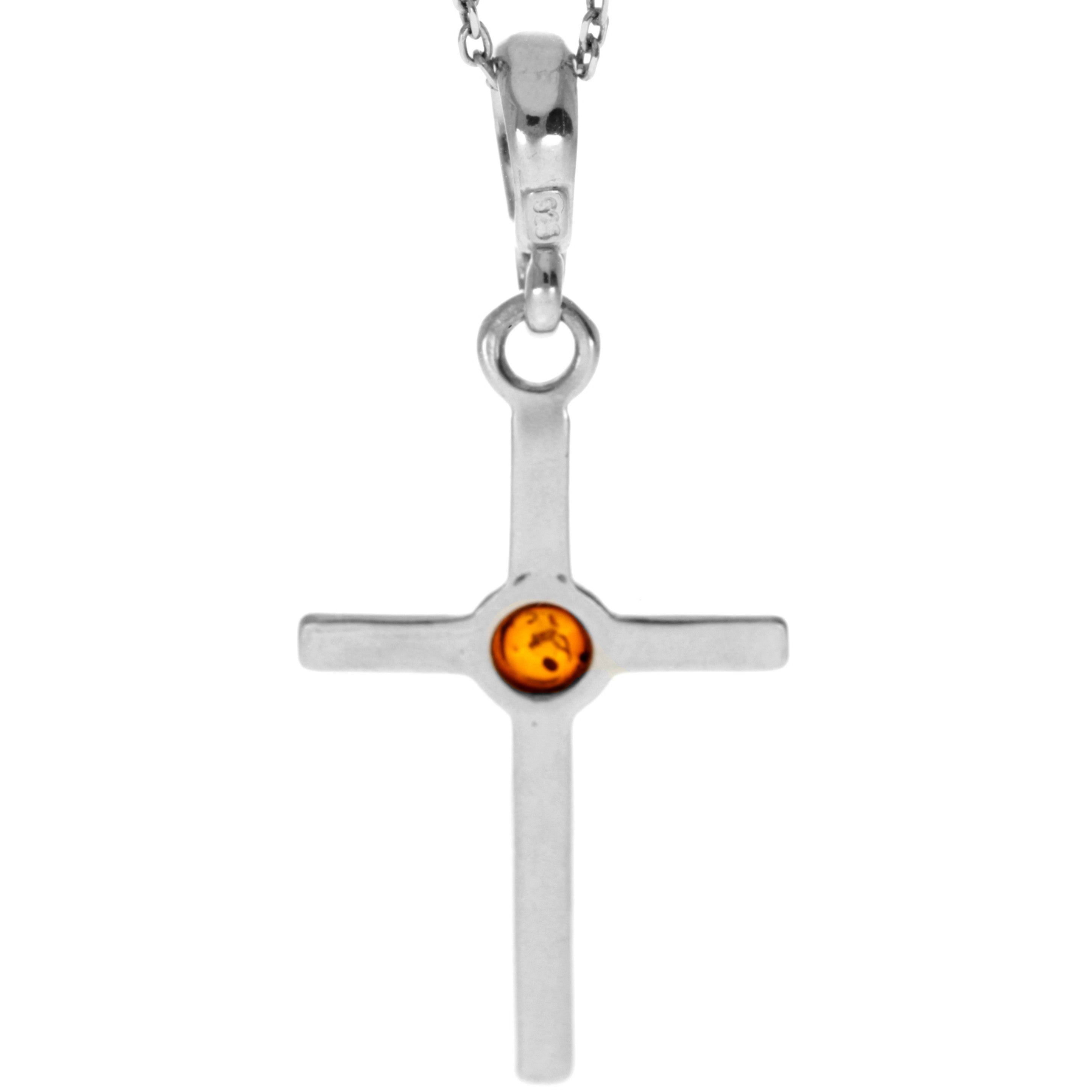 925 Sterling Silver & Genuine Baltic Amber Classic Cross Pendant - 1987