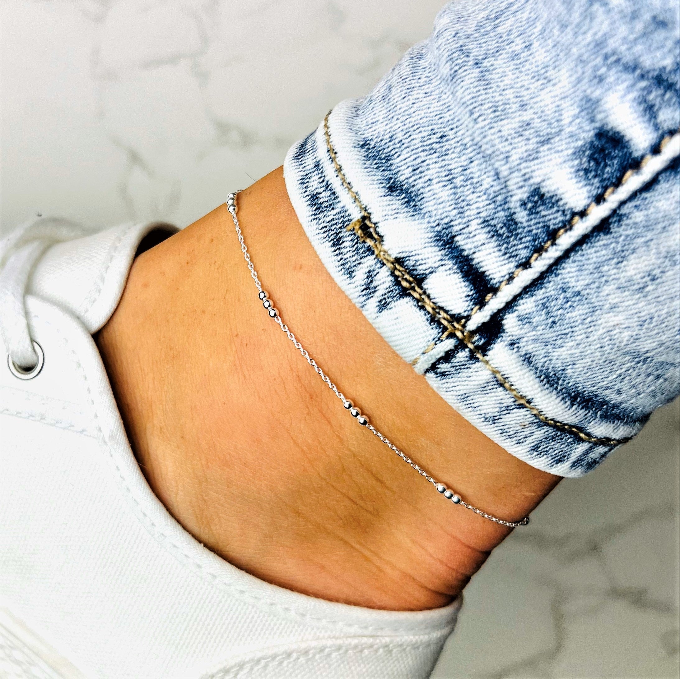 925 Sterling Silver Anti-Tarnish Coated Triple Beads Plain Anklet Bracelet with extender - GA-ANK4