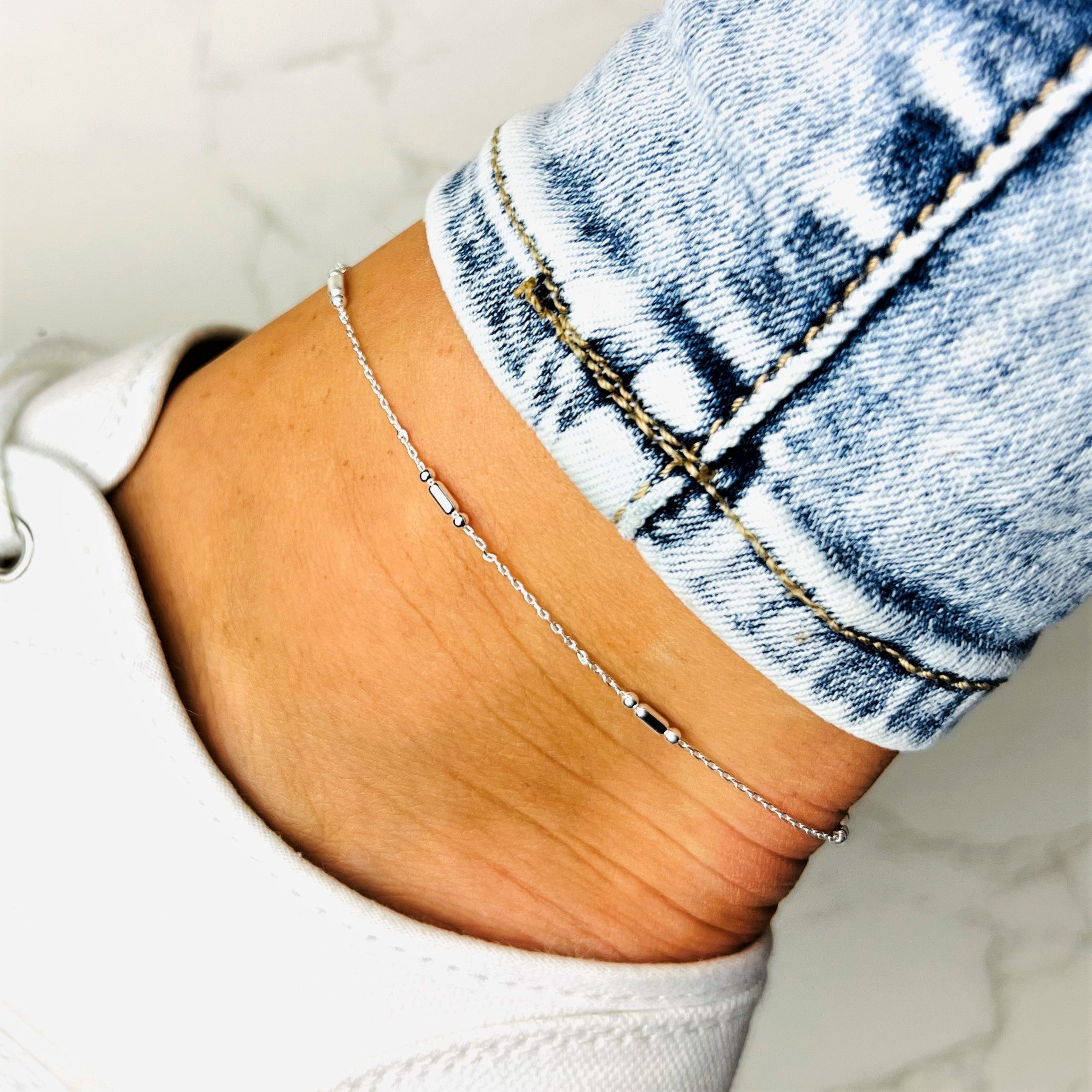 925 Sterling Silver Anti-Tarnish Coated Triple Beads Plain Anklet Bracelet with extender - GA-ANK5