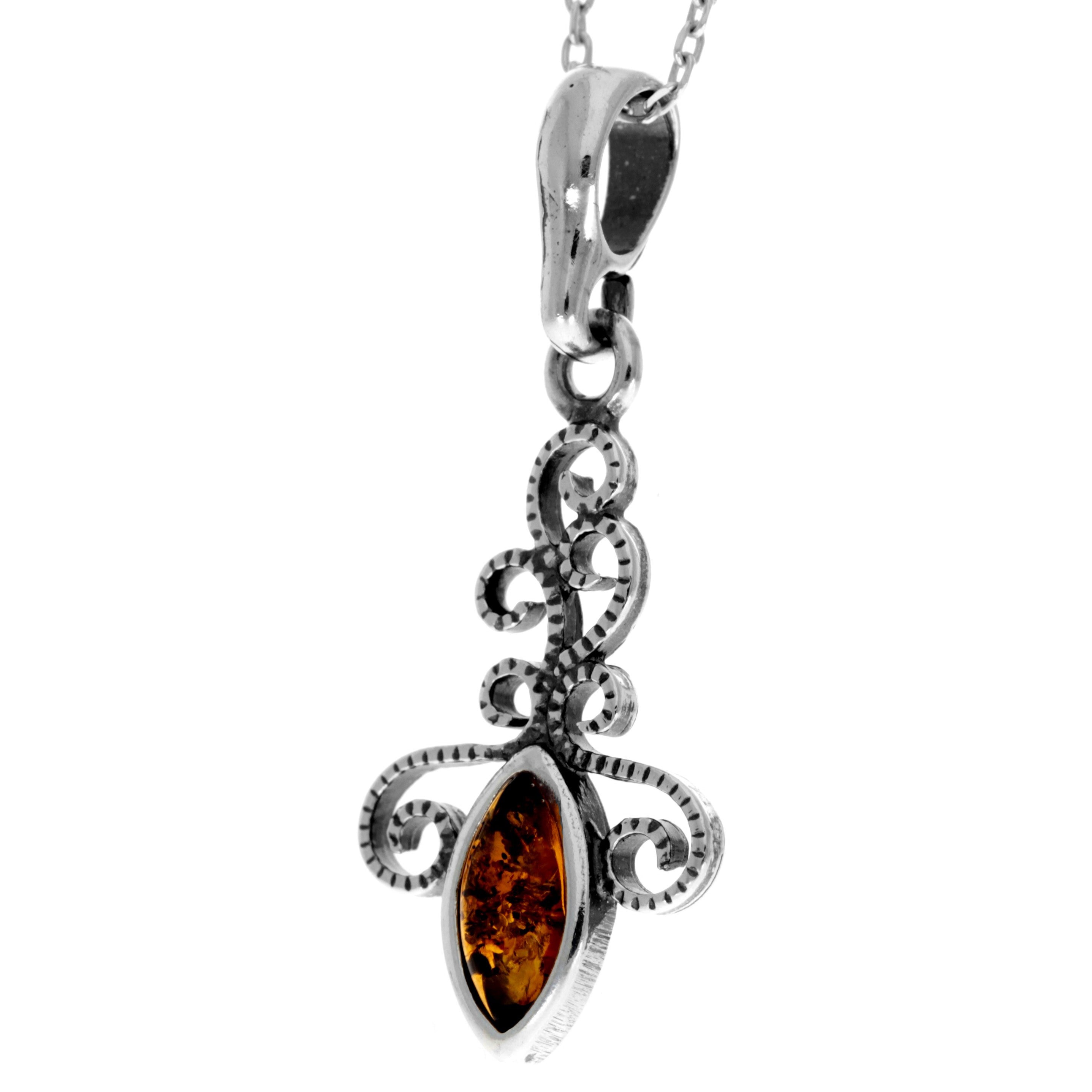 925 Sterling Silver & Genuine Baltic Amber Classic Marquise Pendant - 303