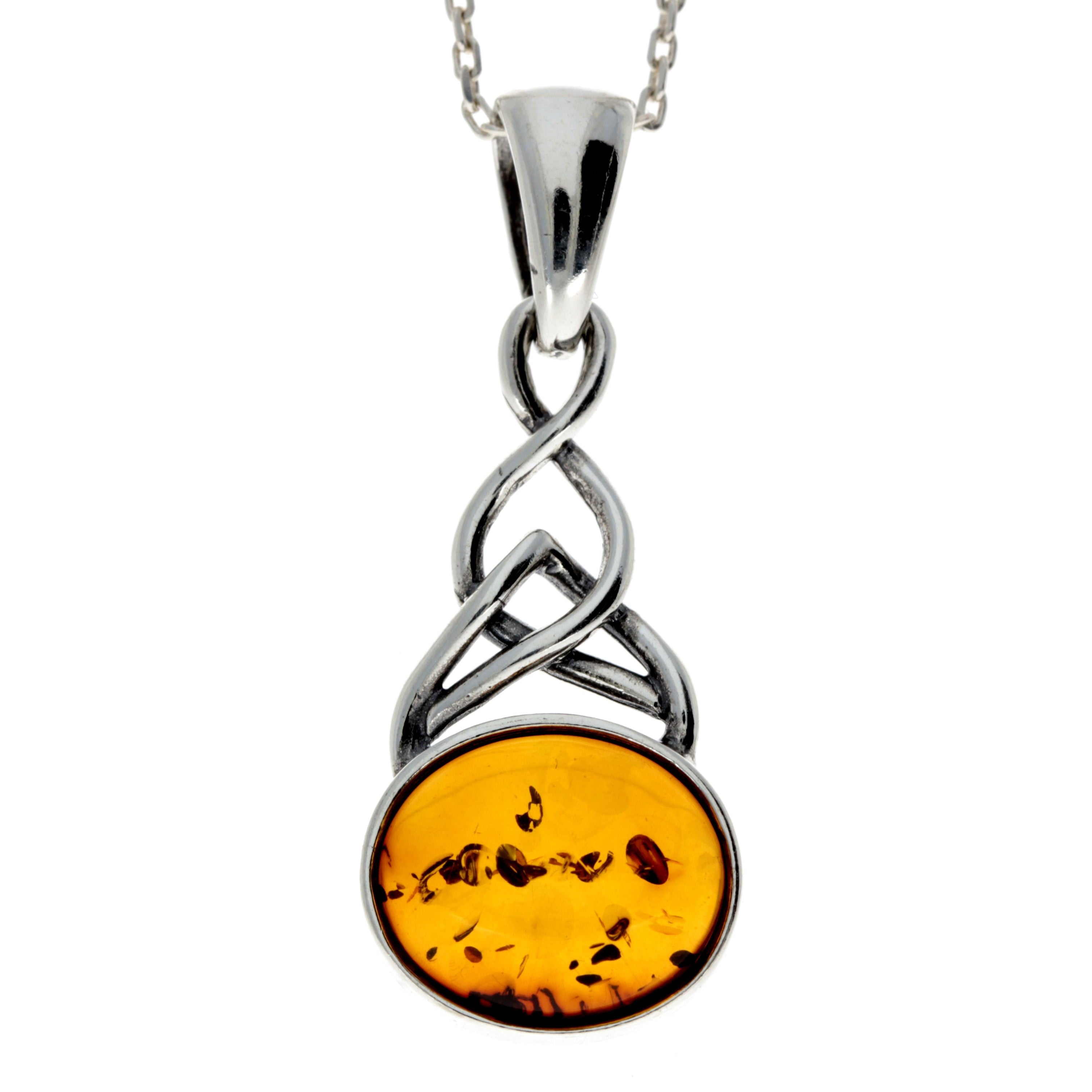 925 Sterling Silver & Genuine Baltic Amber Classic Celtic Pendant - 376