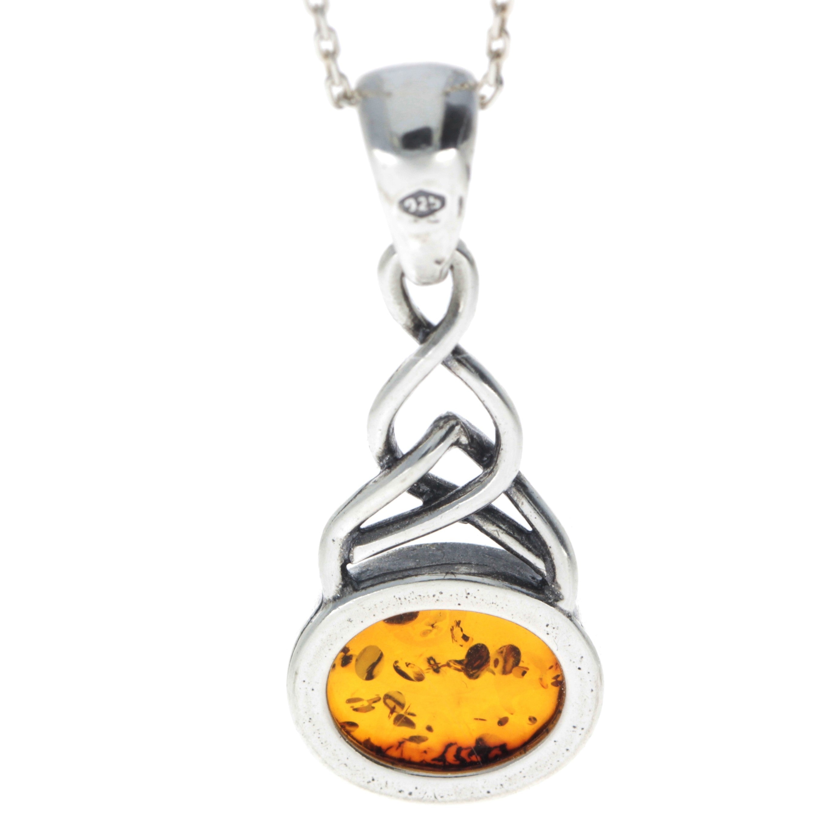 925 Sterling Silver & Genuine Baltic Amber Classic Celtic Pendant - 376