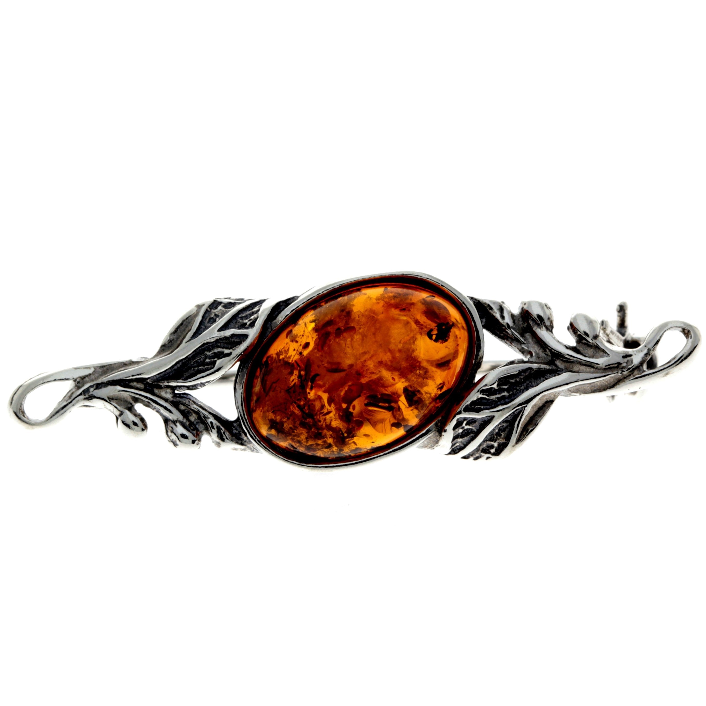 925 Sterling Silver & Genuine Baltic Amber Classic Brooch - 4022