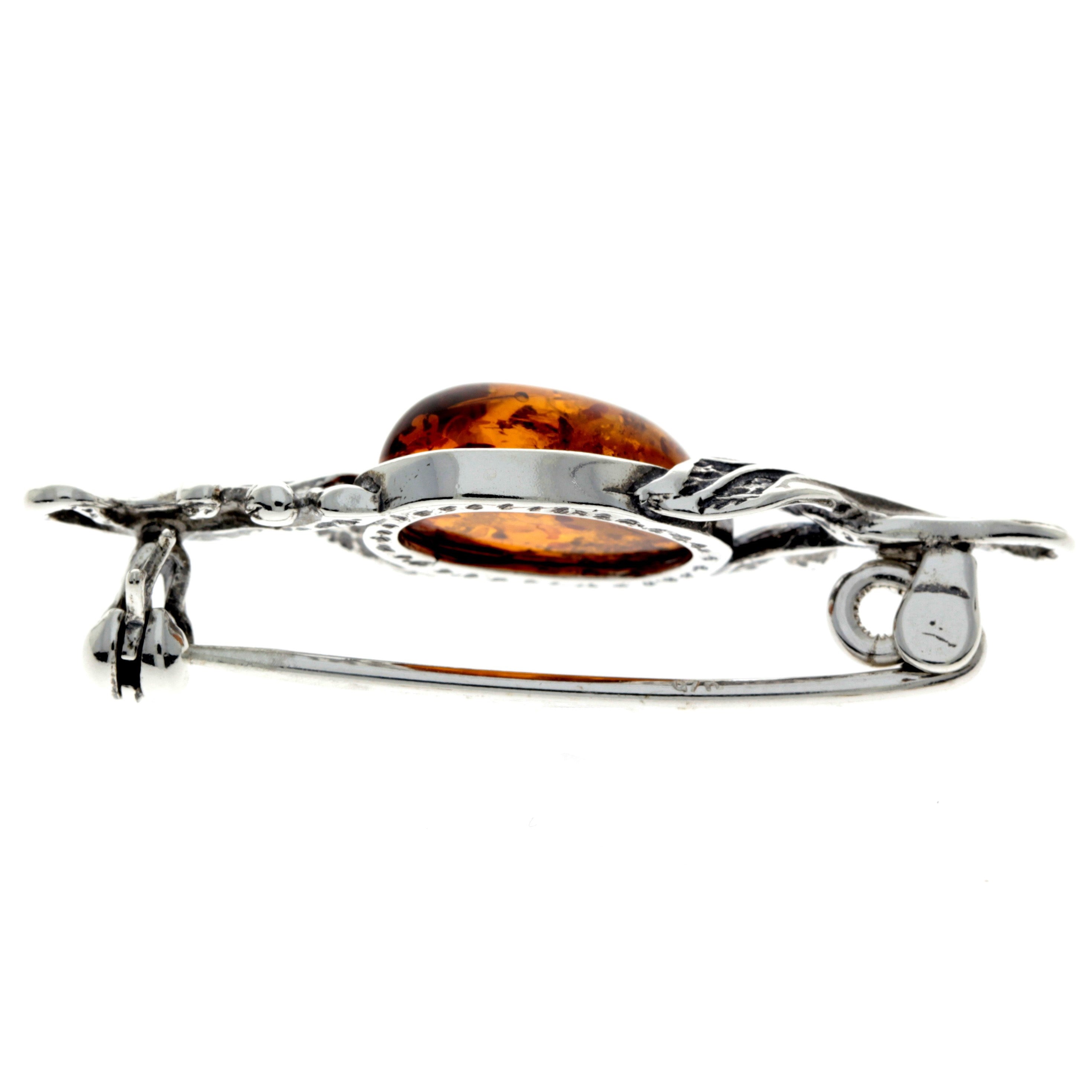 925 Sterling Silver & Genuine Baltic Amber Classic Brooch - 4022