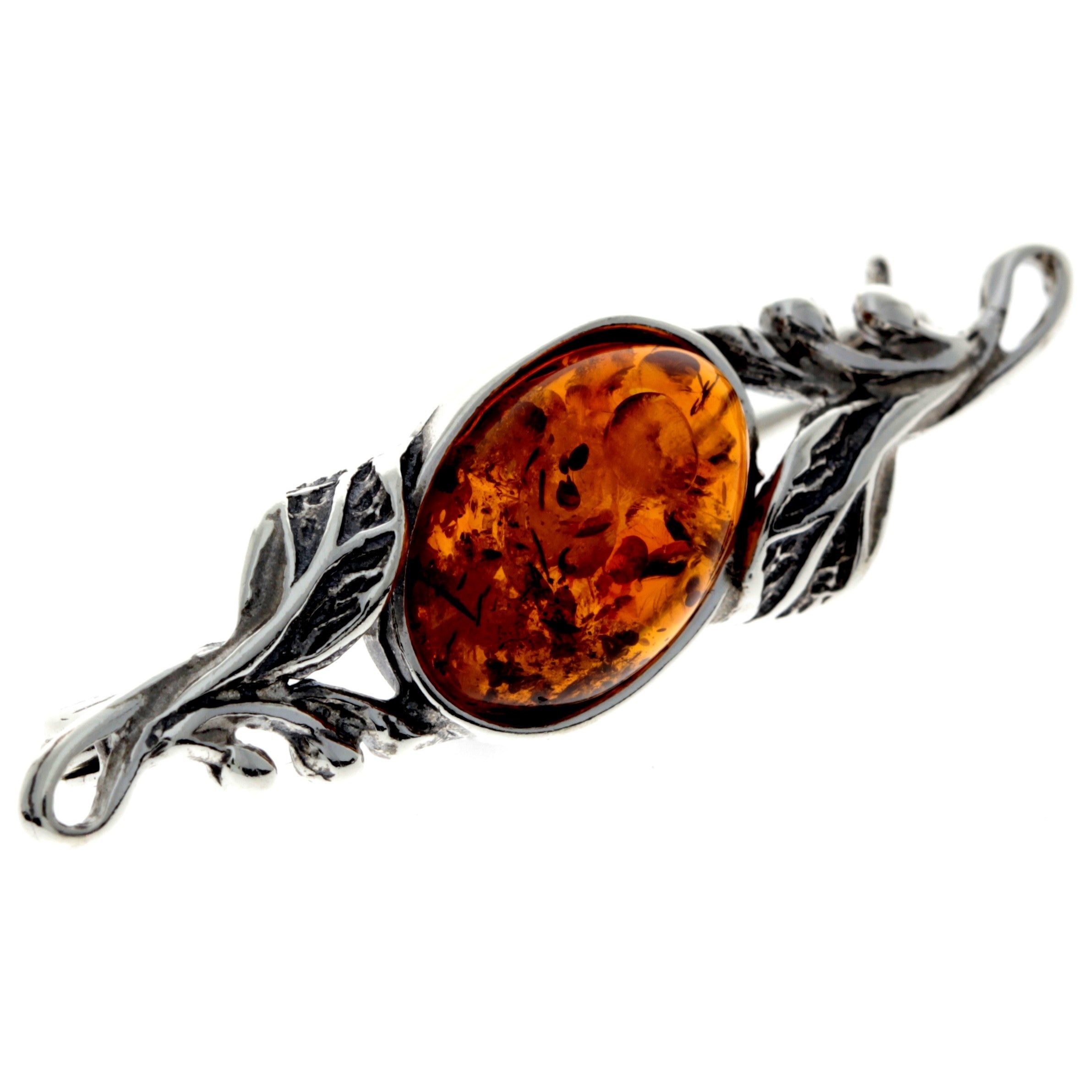 925 Sterling Silver & Genuine Baltic Amber Classic Brooch - 4022